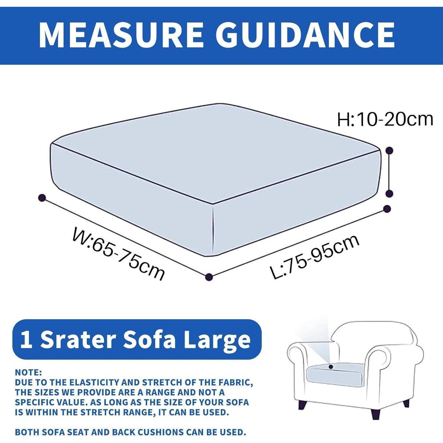 Anleitung zur Messung von Sofakissen, die eine Breite von 65-75 cm, eine Länge von 75-95 cm und eine Höhe von 10-20 cm für den Bezug des „1 Seater Sofa Large