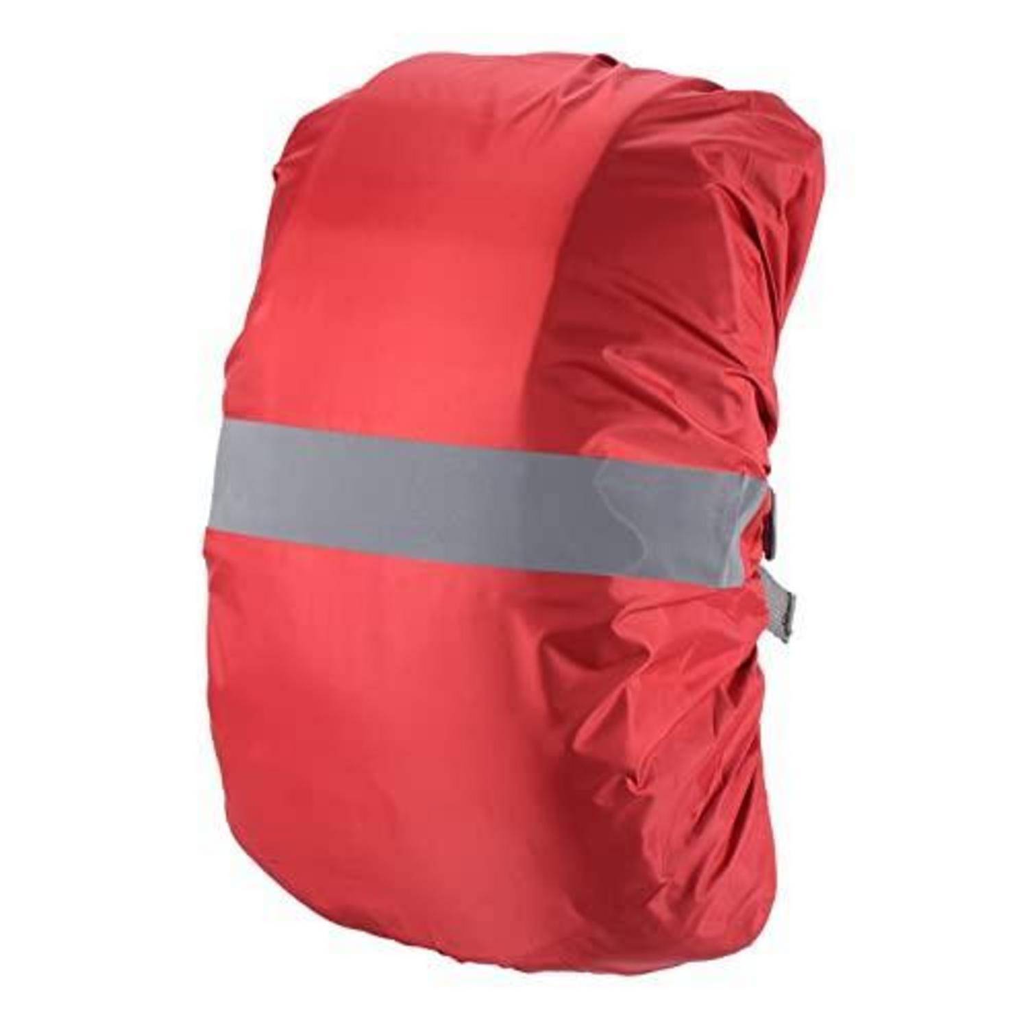Roter wasserfester Rucksack-Regenschutz mit reflektierendem grauem horizontalen Streifen auf weißem Hintergrund