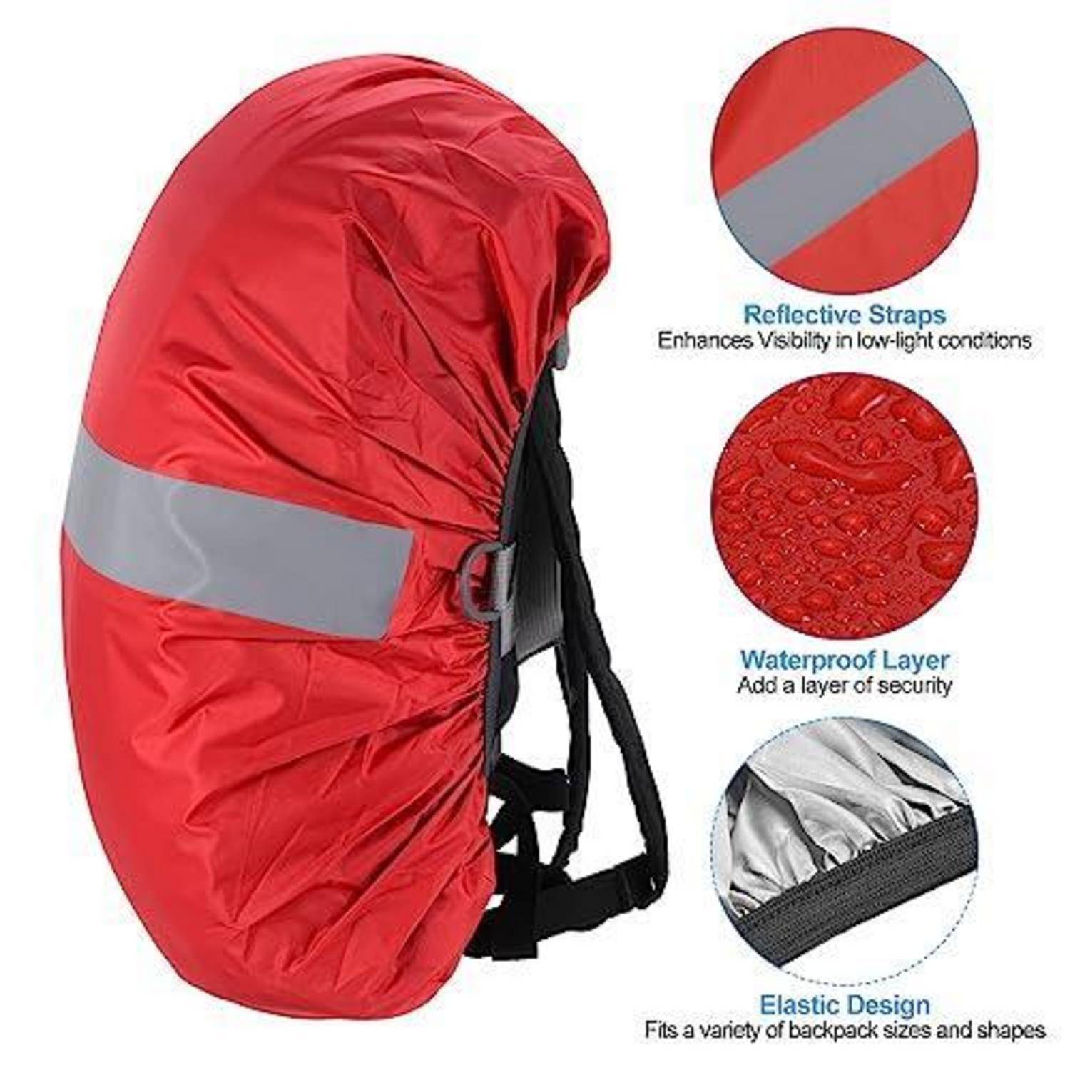 Roter Rucksack-Regenschutz mit reflektierendem Streifen und elastischer Passform, gezeigt mit Nahaufnahmen mit den Beschriftungen „Reflektierende Riemen", „Wasserdichte Schicht"" und „Elastisches Design"".