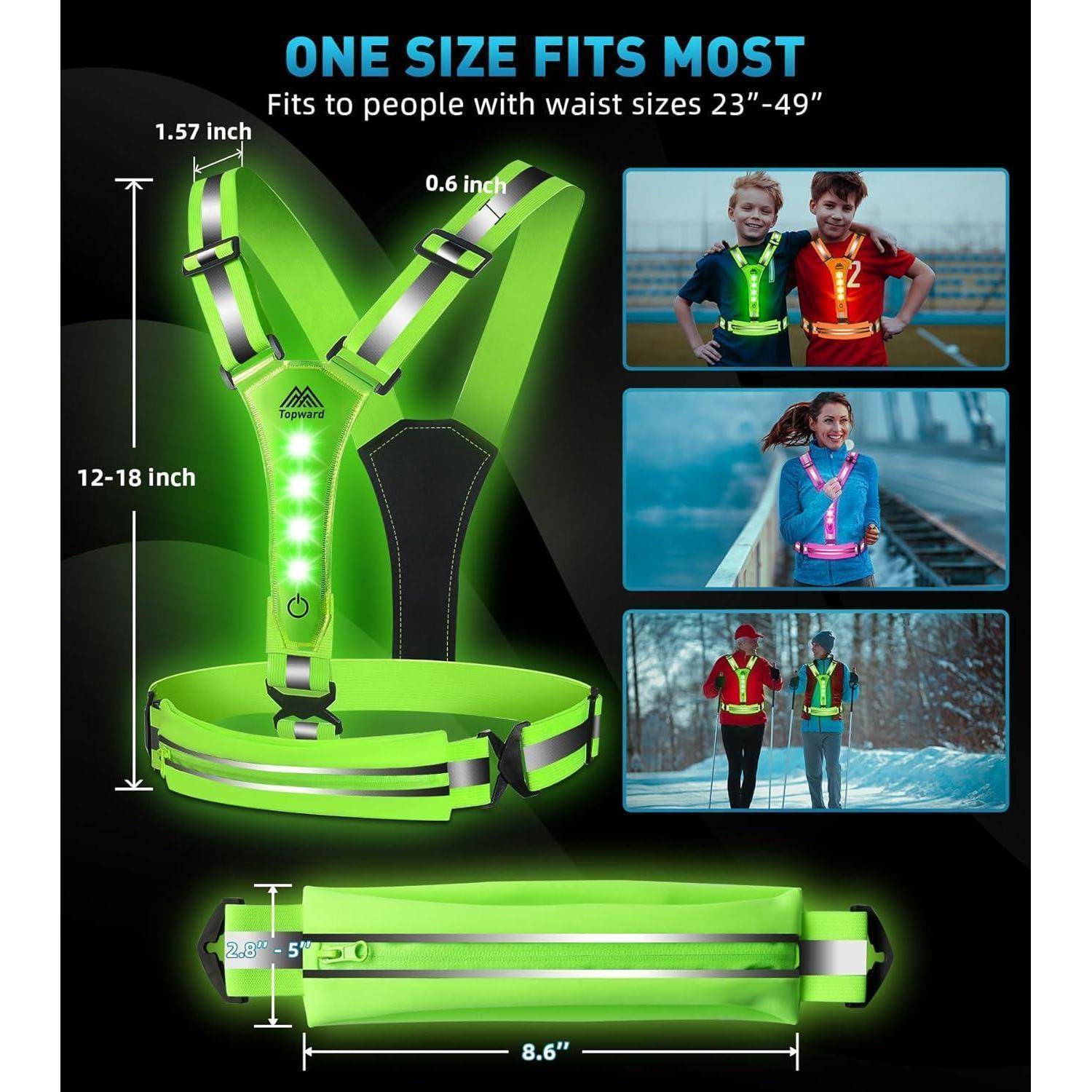 Grünes reflektierendes verstellbares Sicherheitsgeschirr mit Text „ONE SIZE FITS MOST", passt für Taillengrößen von 23' bis 49', gezeigt mit Messetiketten und Beispielnutzern in Außenumgebungen.
