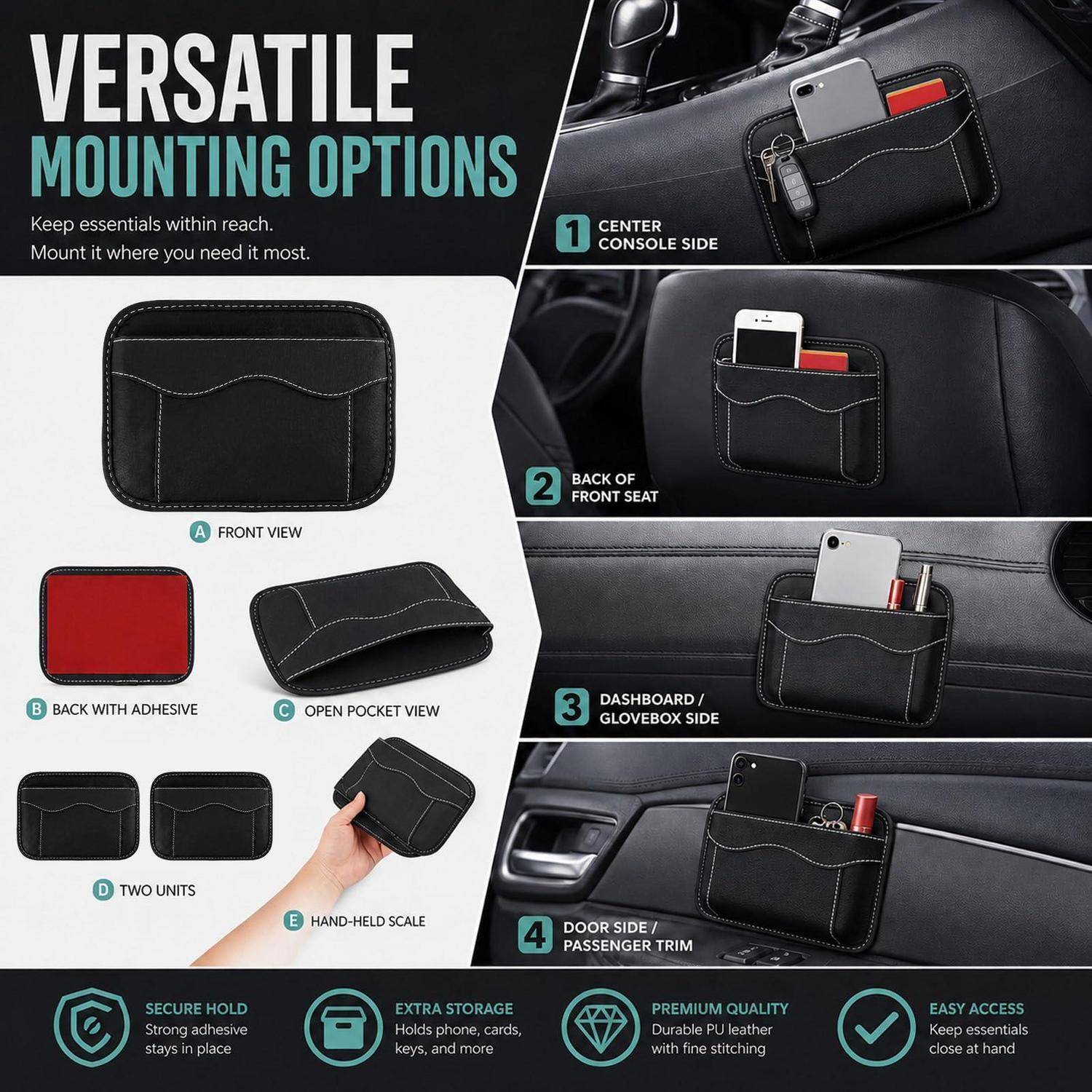 Infografik mit vielseitigen Montagemöglichkeiten für einen kleinen Klebetaschenschrank in einem Auto: Mittelkonsole, Rückseite der Vordersitze, Armaturenbrett/Handschuhfach und Türseite.