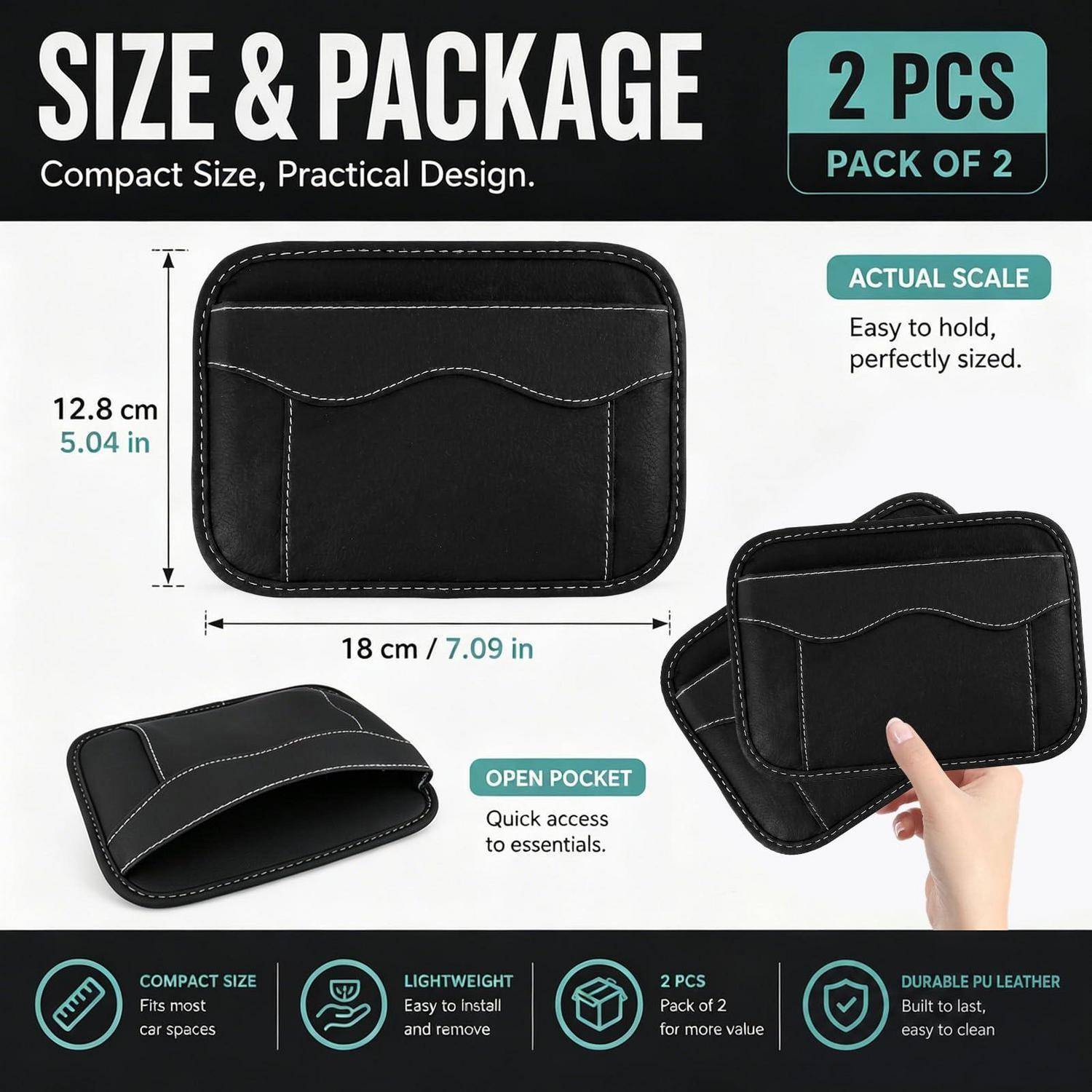Größe und Verpackungsgrafik für eine schwarze Ledertasche: 2 Stück, kompakt 18 cm x 12,8 cm, maßstabsgetreu, offene Tasche, leicht und langlebig.