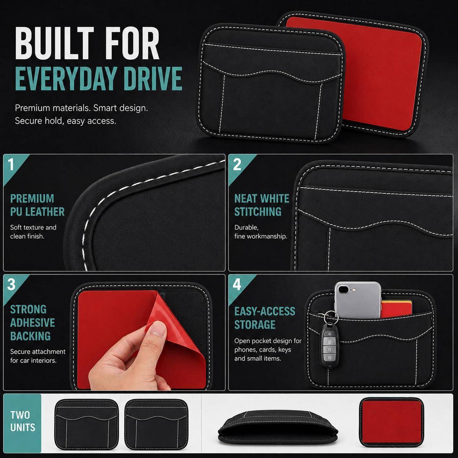 Promotional-Grafik für einen schwarzen Leder-Autositz-Organizer mit Hervorhebung von Premium-PU-Leder, weißer Naht, starkem Klebstoff-Rücken und leicht zugänglichen Taschen für Telefone, Karten, Schlüssel und kleine Gegenstände.