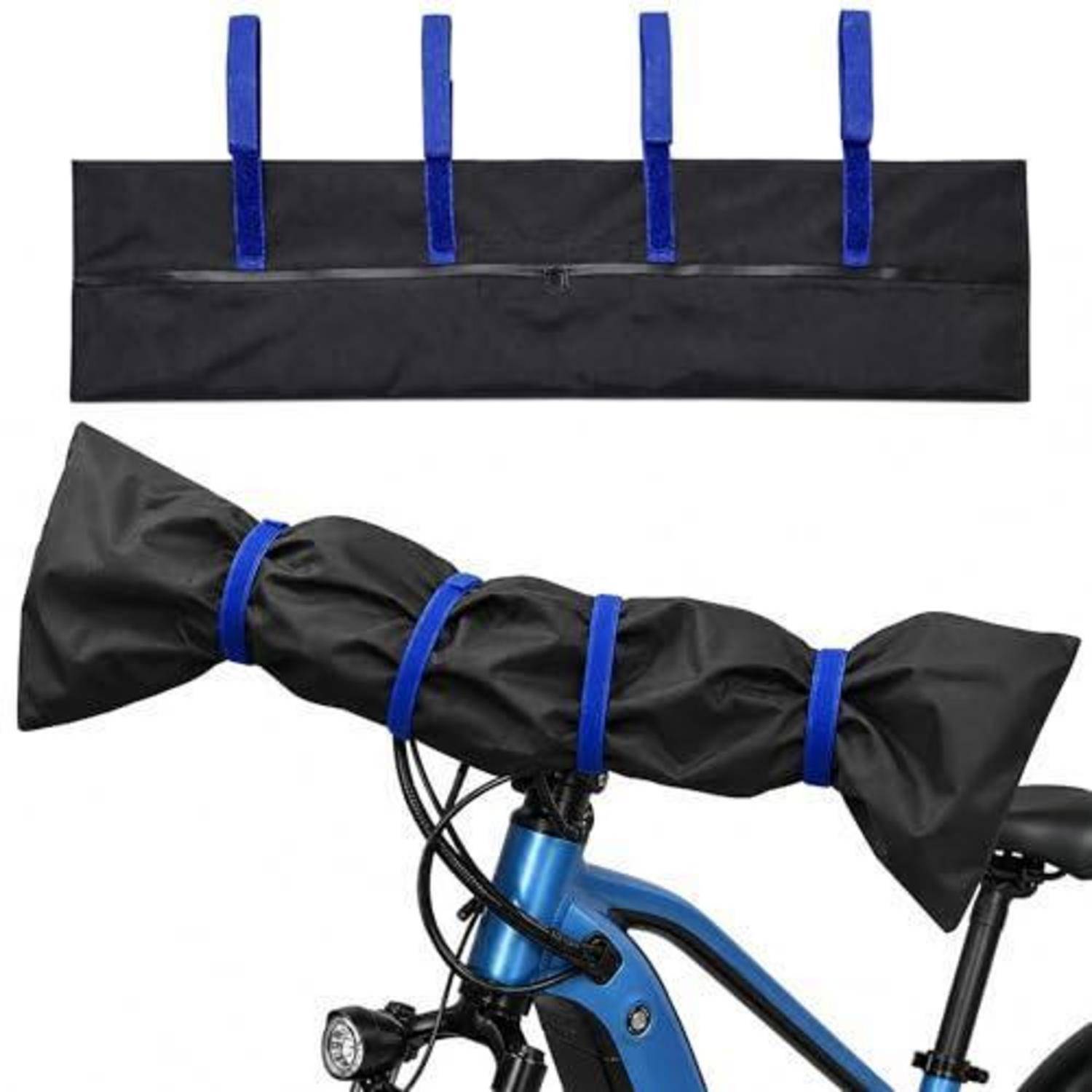 Schwarze wasserdichte Fahrradlenker-Aufbewahrungstasche mit oberen Riemen, montiert auf einem Fahrradvorbau.