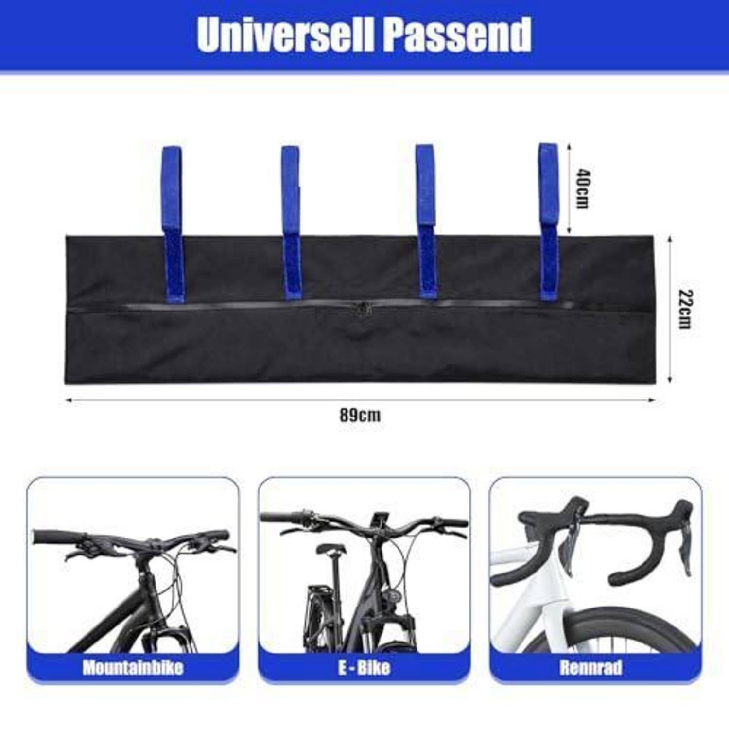 Produktbild einer universellen Fahrradlenker-Durchgriffstasche, 89 cm breit und 22 cm hoch, mit vier blauen Riemen und Beispielen für Mountainbike, E-Bike und Rennrad