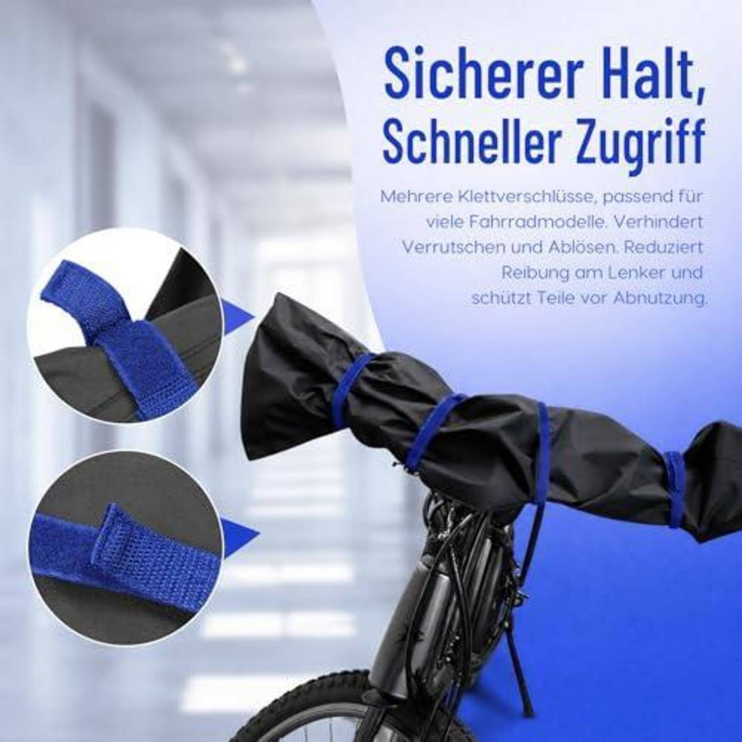 Fahrradlenker mit schwarzer Schutzabdeckung und blauen Riemen, beworben für sicheren Halt und schnellen Zugriff; eingefügte Nahaufnahmen zeigen das Befestigungsmaterial.