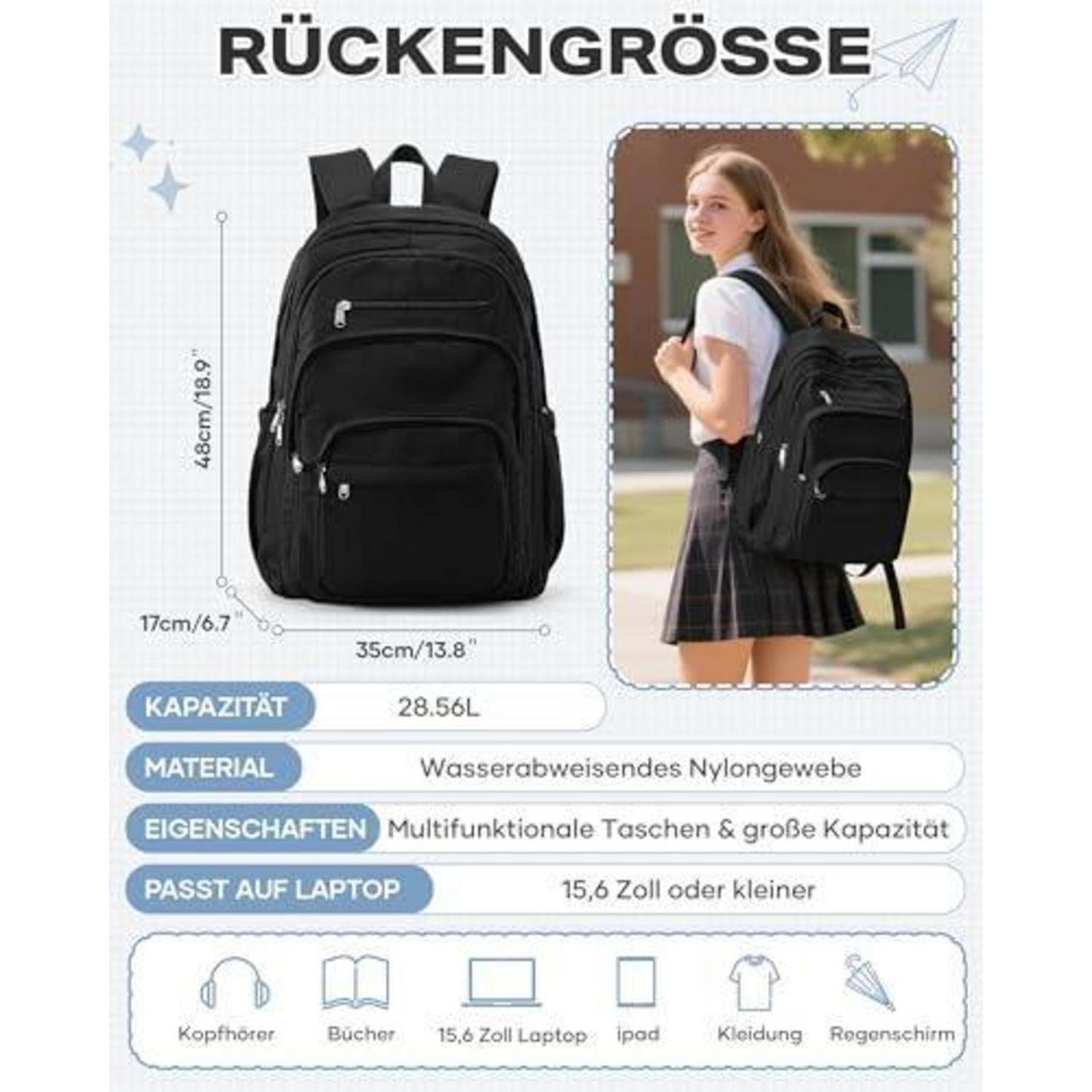 Werbegrafik für einen schwarzen Rucksack, der die Größe 48 cm x 35 cm x 17 cm, 28,56 L Fassungsvermögen, wasserfestes Nylon und Platz für Laptops bis zu 15,6 Zoll zeigt.