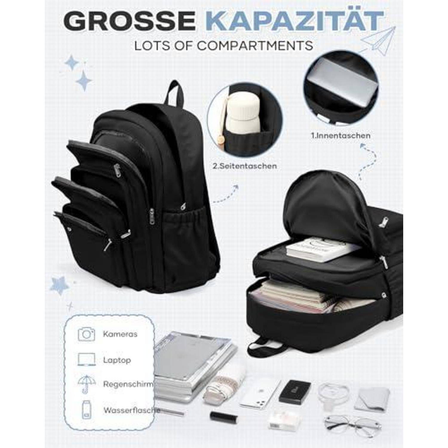 Schwarzer Rucksack mit vielen Fächern, gezeigt offen und geschlossen, beschriftet mit "GROSSE KAPAZITÄT"" und ""VIELE FÄCHER"", mit Taschen für Kamera, Laptop, Regenschirm und Wasserflasche.