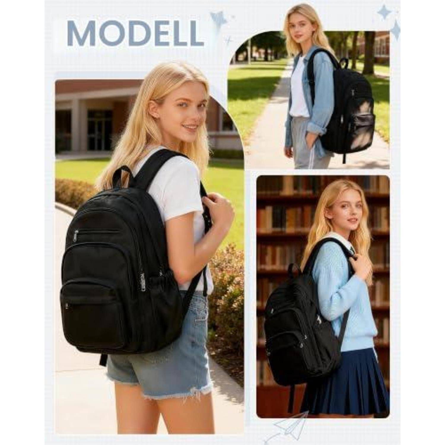 Collage-Anzeige mit der Bezeichnung „MODELL", die ein blondes Studentinnen-Modell mit großem schwarzem Rucksack in drei Schulcampus-Outfits zeigt.