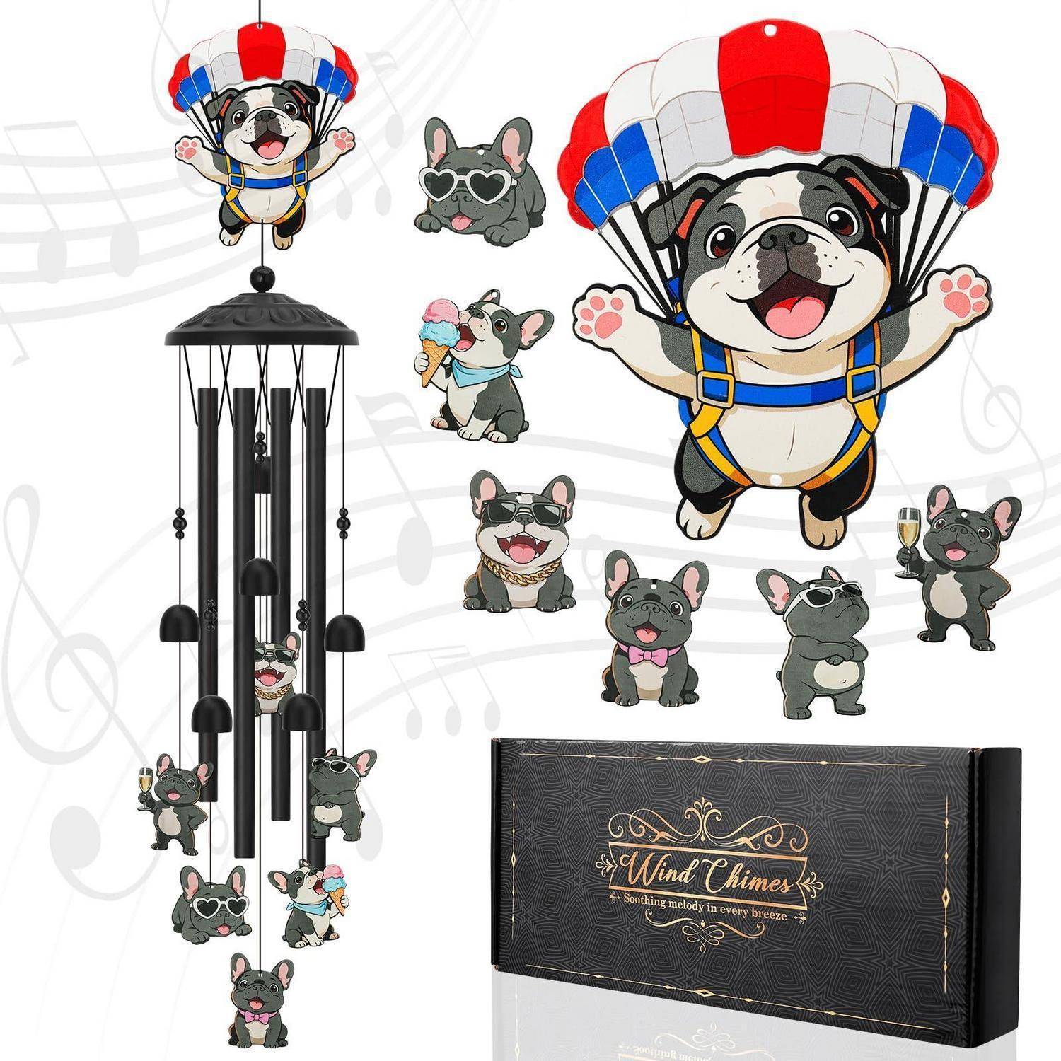 Windspiel mit Fallschirm-Motiv für französische Bulldoggen mit mehreren Cartoon-Hundeposen und schwarzer Geschenkbox mit der Aufschrift 