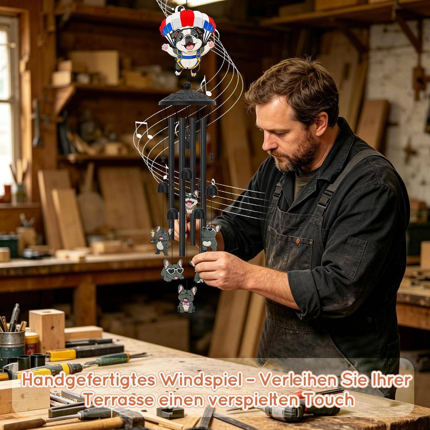 Ein Mann in einer Werkstatt montiert ein handgefertigtes Windspiel mit Katzenmotiv, mit dem Text „Handgefertigtes Windspiel – Verleihen Sie Ihrer Terrasse einen verspielten Touch