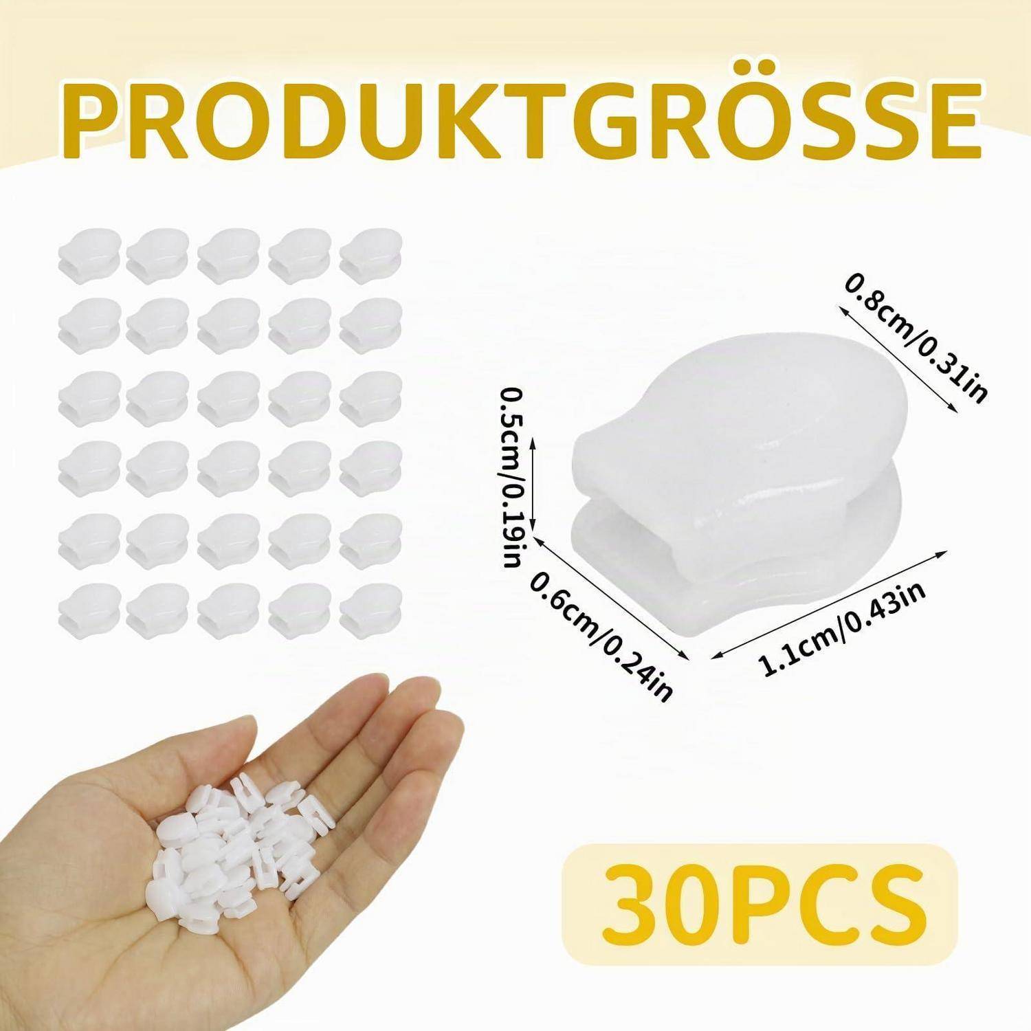 Produktgrößengrafik, die einen kleinen weißen Kunststoffclip mit den Abmessungen 1,1 cm x 0,6 cm x 0,5 cm und einer Packmenge von 30 Stück zeigt.