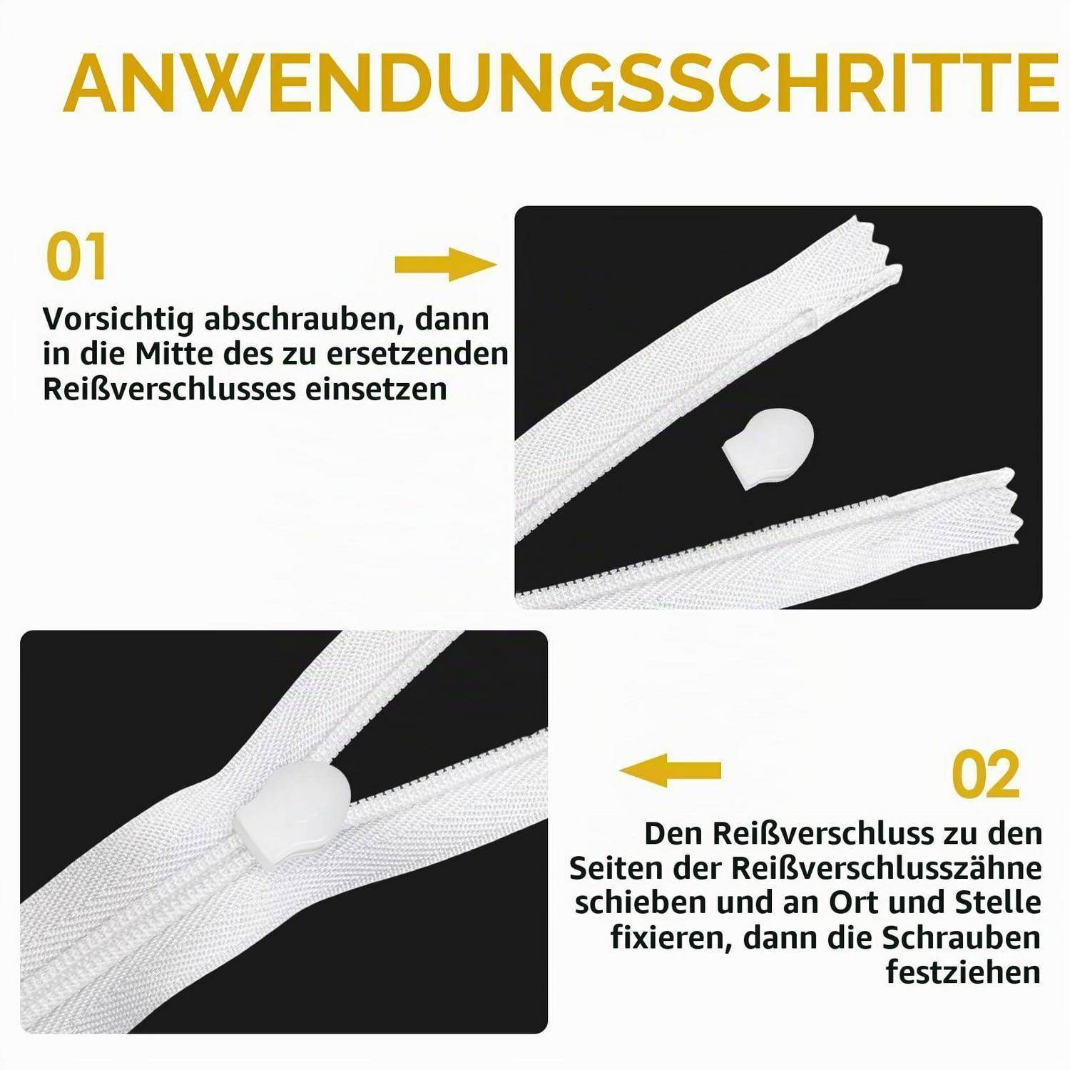 Deutsche Anleitung zum Austausch eines Reißverschlussstoppers: Schritt 01 das Teil nach sorgfältigem Abschrauben in die Mitte des Reißverschlusses einführen; Schritt 02 es zu den Seiten verschieben und die Schrauben festziehen.