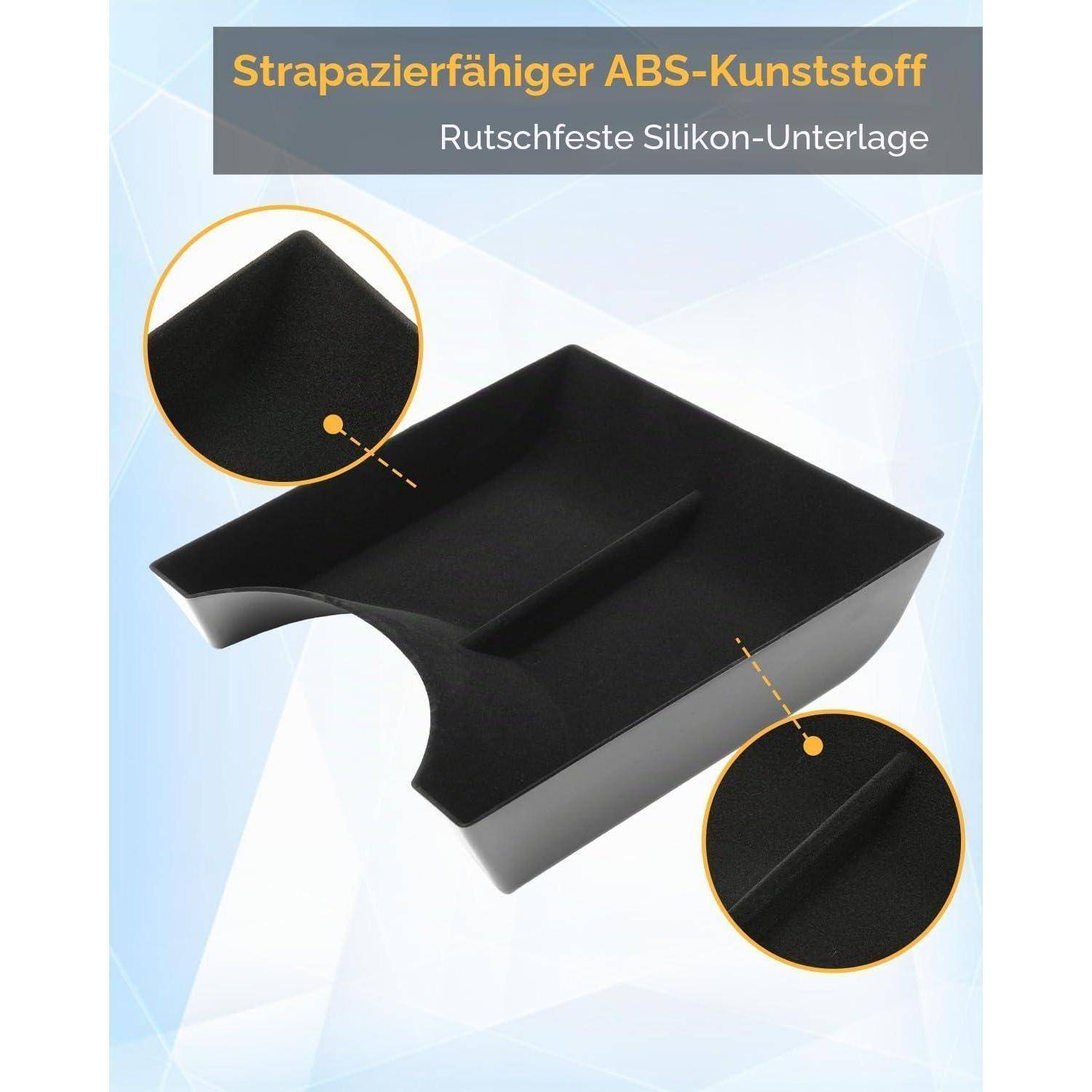 Schwarzes ABS-Kunststoff-Lagertablett mit rutschfester Silikonbasis, gezeigt mit Nahaufnahmen, die das Material und die Oberflächenstruktur hervorheben.