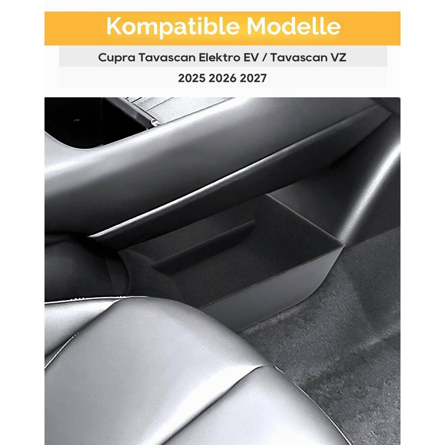 Nahaufnahme des Autoinnenraums mit einem schwarzen Lagerpaneel; der Text lautet „Kompatible Modelle
