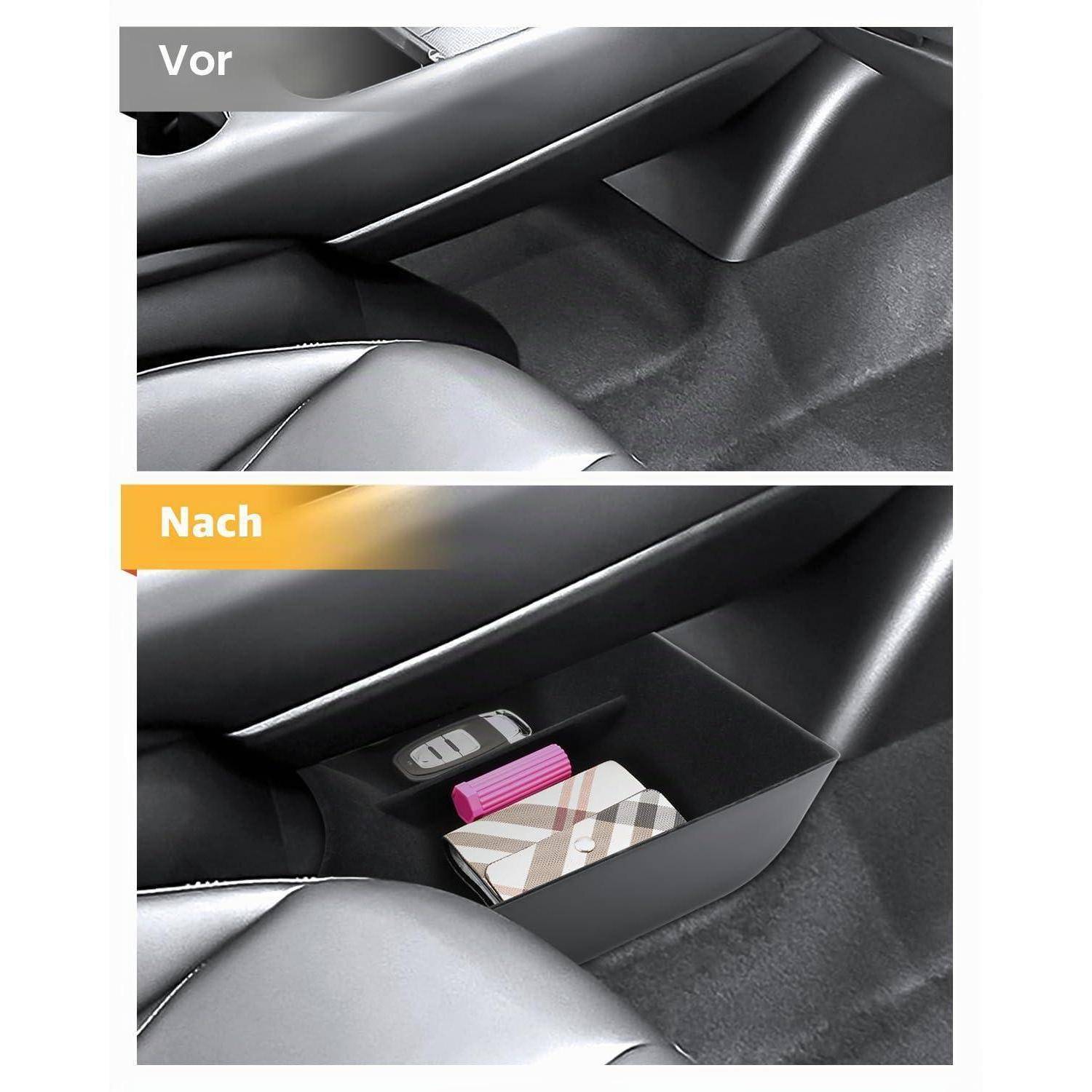 Vorher-und-Nachher-Vergleich eines Autoinnenraums-Lagerbereichs im Fußraum, der ein hinzugefügtes Seitentaschenfach zeigt, das kleine Gegenstände wie ein Telefon und eine Geldbörse hält.