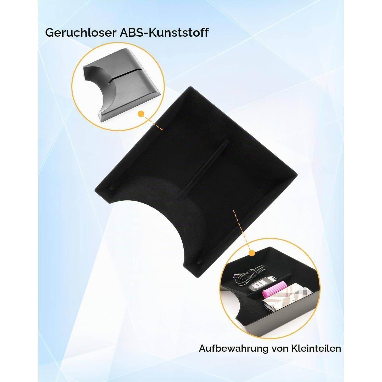 Schwarzes ABS-Kunststoff-Lagerfach mit gebogener Aussparung, abgebildet mit Beschriftungen für „Geruchloser ABS-Kunststoff