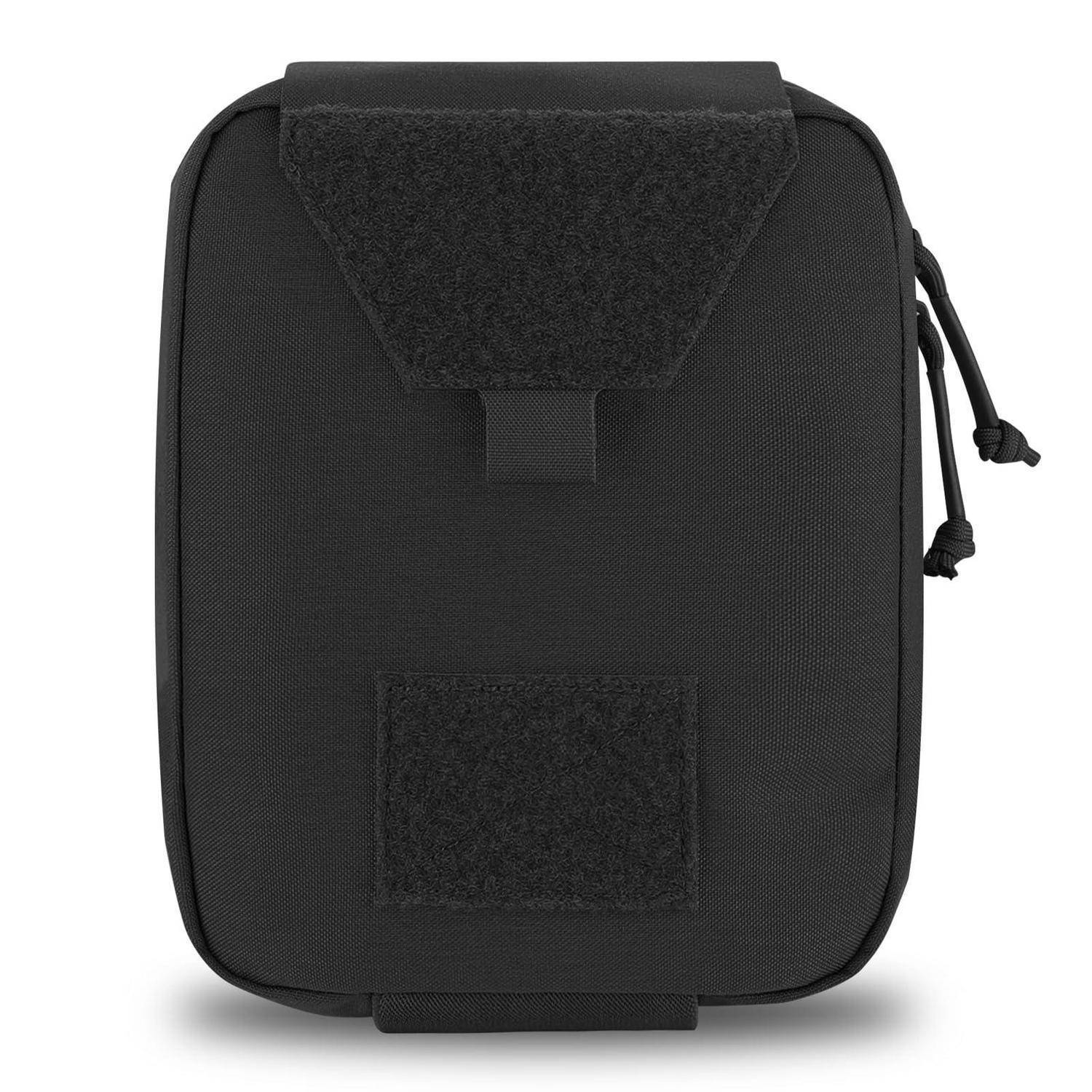 Schwarze rechteckige Reißverschluss-Tasche mit Klettverschluss-Patches auf der Vorderseite und Oberseite, auf weißem Hintergrund dargestellt.