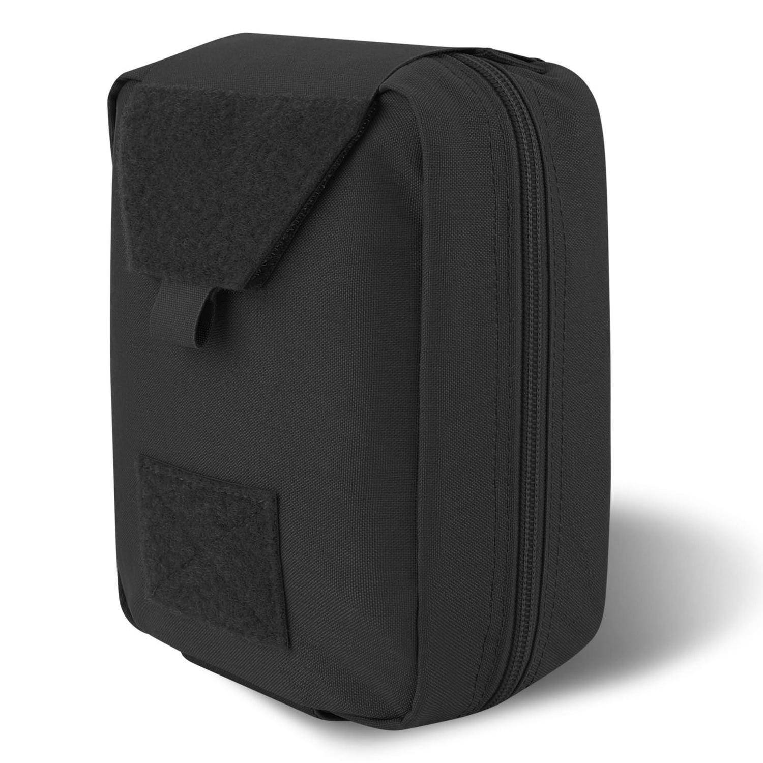 Schwarze Schutztasche mit Reißverschluss, Klappenabschluss und vorderem Riemen, gezeigt auf weißem Hintergrund.
