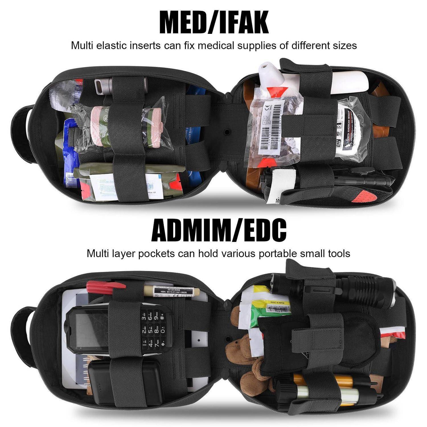 Zwei offene schwarze Lagerkästen zeigen elastische Riemen, die medizinische Versorgungsmaterialien und kleine Werkzeuge halten; Etiketten tragen die Aufschrift „MED/IFAK" und „ADMIM/EDC"".