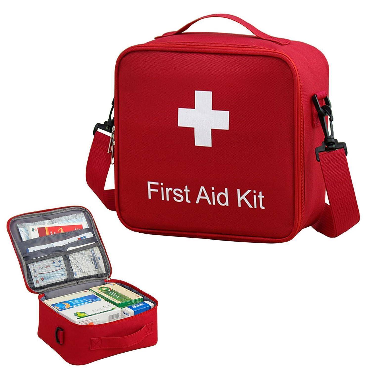 Rote Erste-Hilfe-Tasche mit weißem Kreuz und Text „First Aid Kit