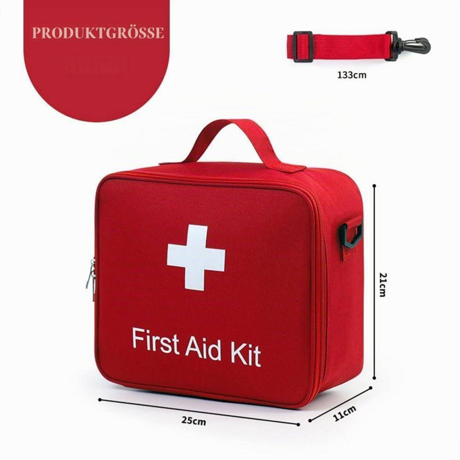 Rote Erste-Hilfe-Tasche mit weißem Kreuz und der Aufschrift „First Aid Kit", mit den Maßen 25 cm x 21 cm x 11 cm und Schultergurt 133 cm.