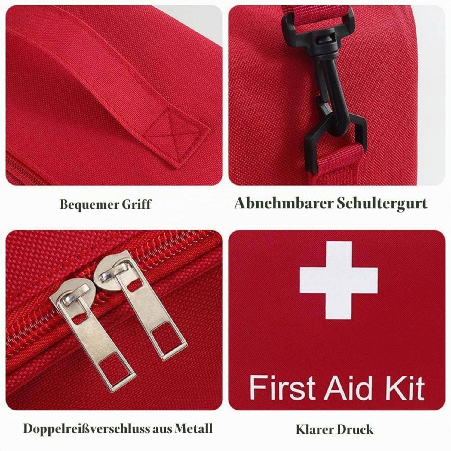 Vierpanel-Produktbild einer roten Erste-Hilfe-Tasche mit Tragegriff, abnehmbarem Schultergurt, metallischen Doppelreißverschlüssen und weißem Kreuz mit der Aufschrift „First Aid Kit".
