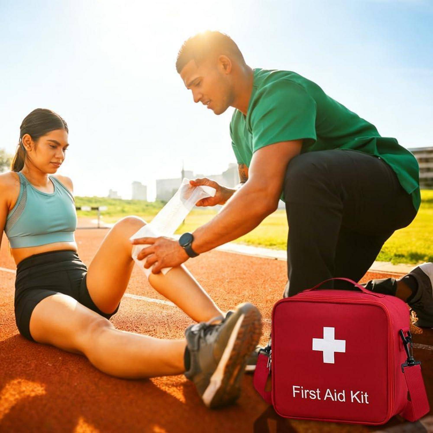Ein Trainer verbindet das verletzte Knie eines Läufers auf einer Laufbahn neben einem Erste-Hilfe-Kasten, während der Athlet sitzt und das Bein ausgestreckt hat.