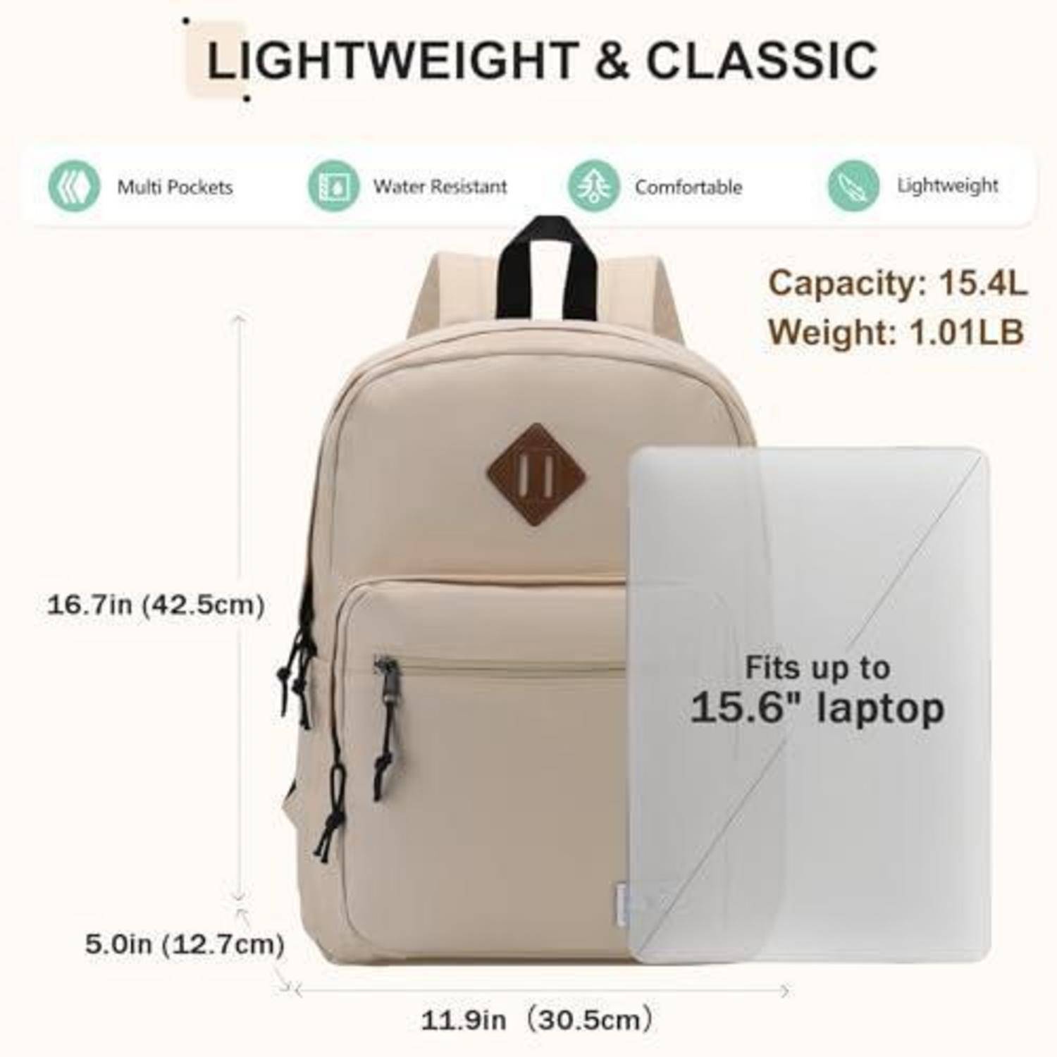 Beiger Rucksack Produktanzeige mit der Bezeichnung „LEICHT & KLASSISCH", mit mehreren Taschen, wasserdicht, bequem und leicht; passt für Laptops bis 15,6"", 15,4L, 1,01LB, 16,7 x 11,9 x 5,0 Zoll.