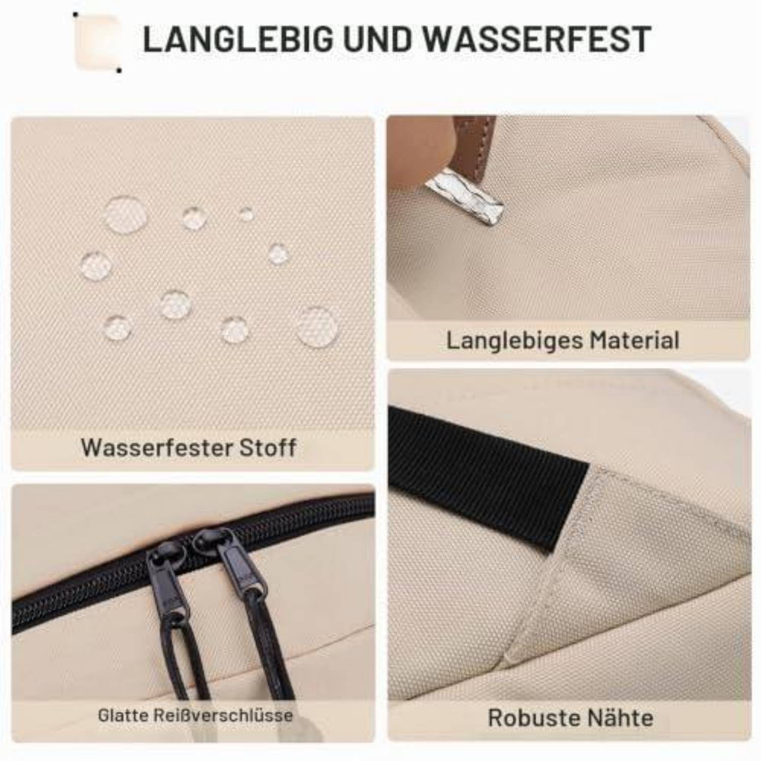 Werbegrafik zeigt eine beigefarbene Stofftasche aus wasserfestem Material, strapazierfähigem Material, sanften Reißverschlüssen und starken Nähten; Text lautet „LANGLEBIG UND WASSERFEST".