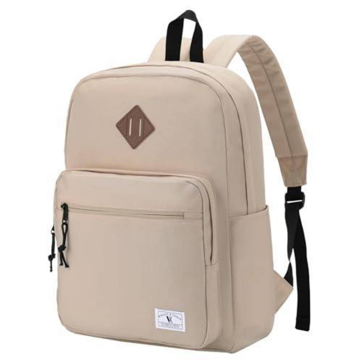 Beigefarbiger Rucksack mit Reißverschlusstasche vorne, Tragegriff oben und gepolsterten Schultergurten.