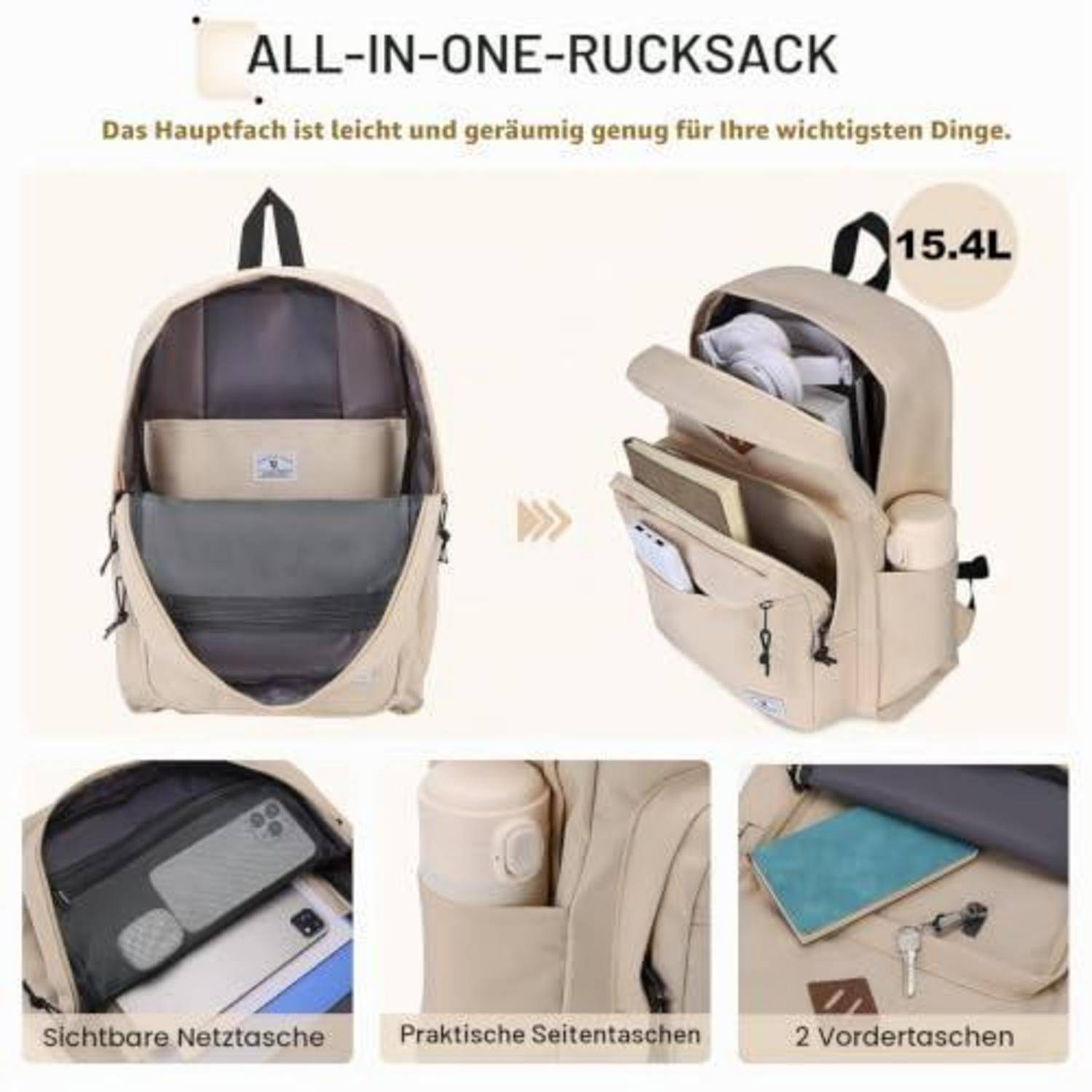 All-in-One-Rucksack-Anzeige mit einem beigen 15,4-Liter-Rucksack mit mehreren Fächern und Taschen, beschriftet mit "Sichtbare Netztasche"", ""Praktische Seitentaschen"" und ""2 vordere Taschen"".