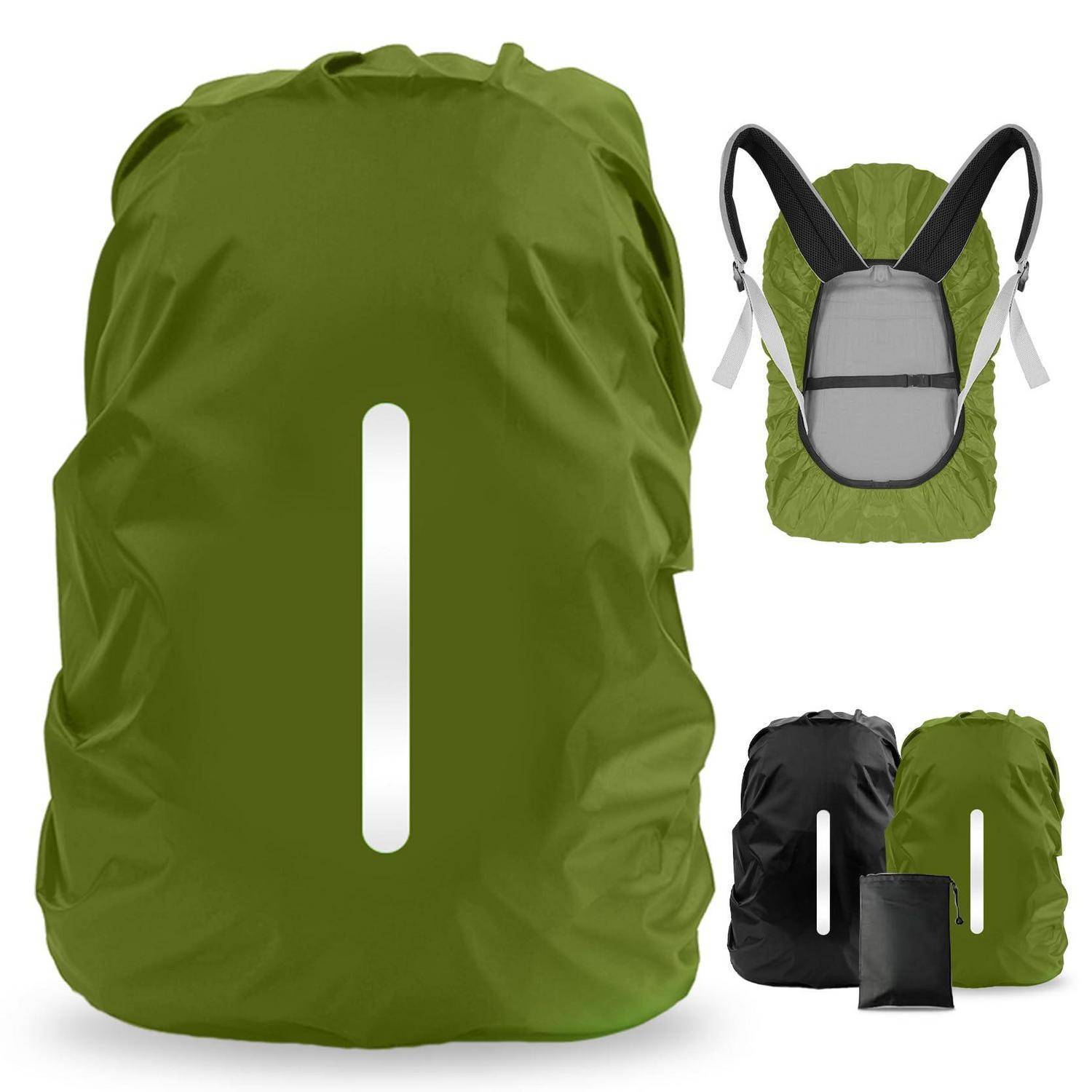 Grüner Rucksackregenschutz mit vertikalem Reflektorstreifen, von vorne, hinten und gefaltet in Schwarz und Grün dargestellt.