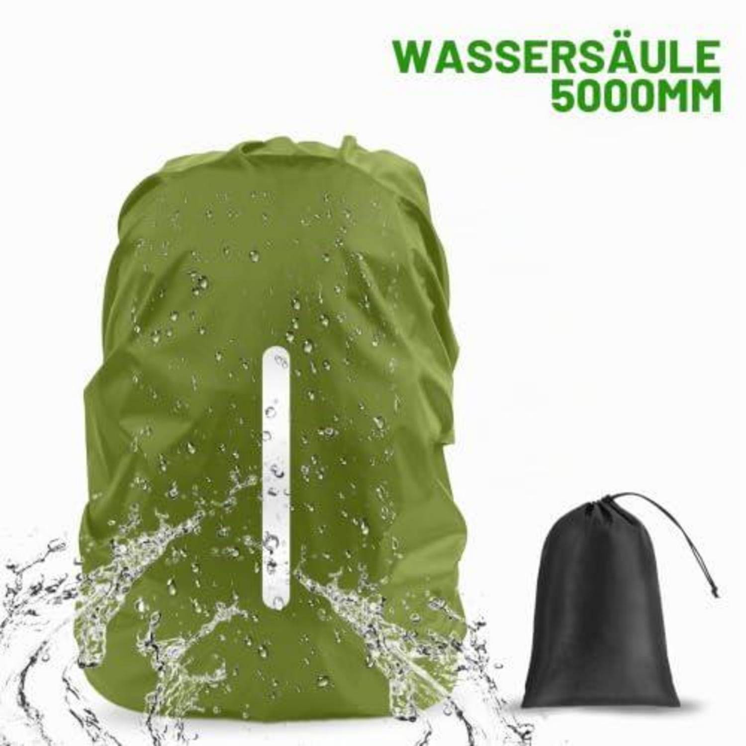 Grüner wasserdichter Rucksackregenschutz mit Wasser, das abspritzt, und Text "WASSERSÄULE 5000MM""; schwarze Aufbewahrungstasche daneben abgebildet.