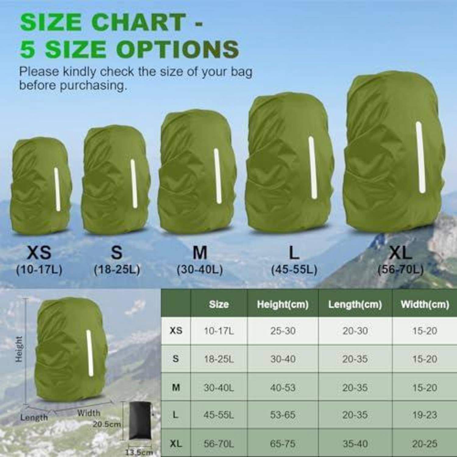 Größentabelle mit fünf Rucksackgrößen: XS 10-17L, S 18-25L, M 30-40L, L 45-55L, XL 56-70L, mit Angaben zu Höhe, Länge und Breite.