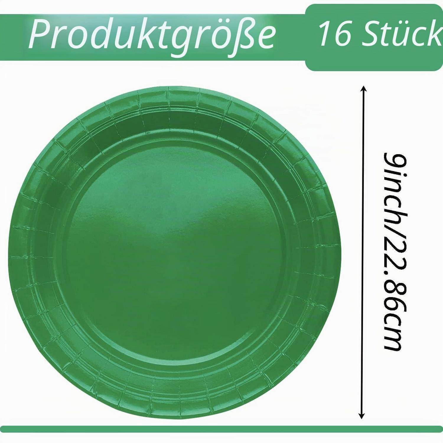 Grüne runde Platte als Produktgrößendarstellung gezeigt, 9 Zoll/22,86 cm Durchmesser, 16 Stück angegeben.