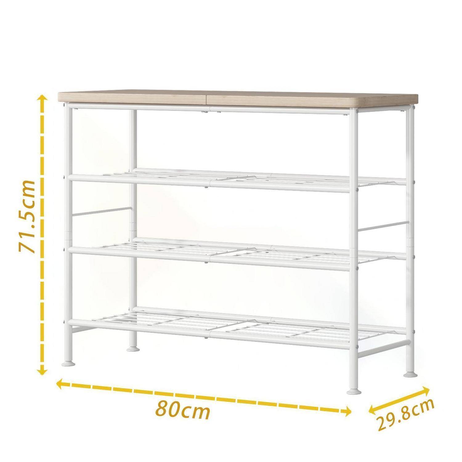 Weiße vierstöckige Metallregaleinheit mit holzähnlicher Oberfläche, mit den Maßen 80 cm Breite, 29,8 cm Tiefe und 71,5 cm Höhe.