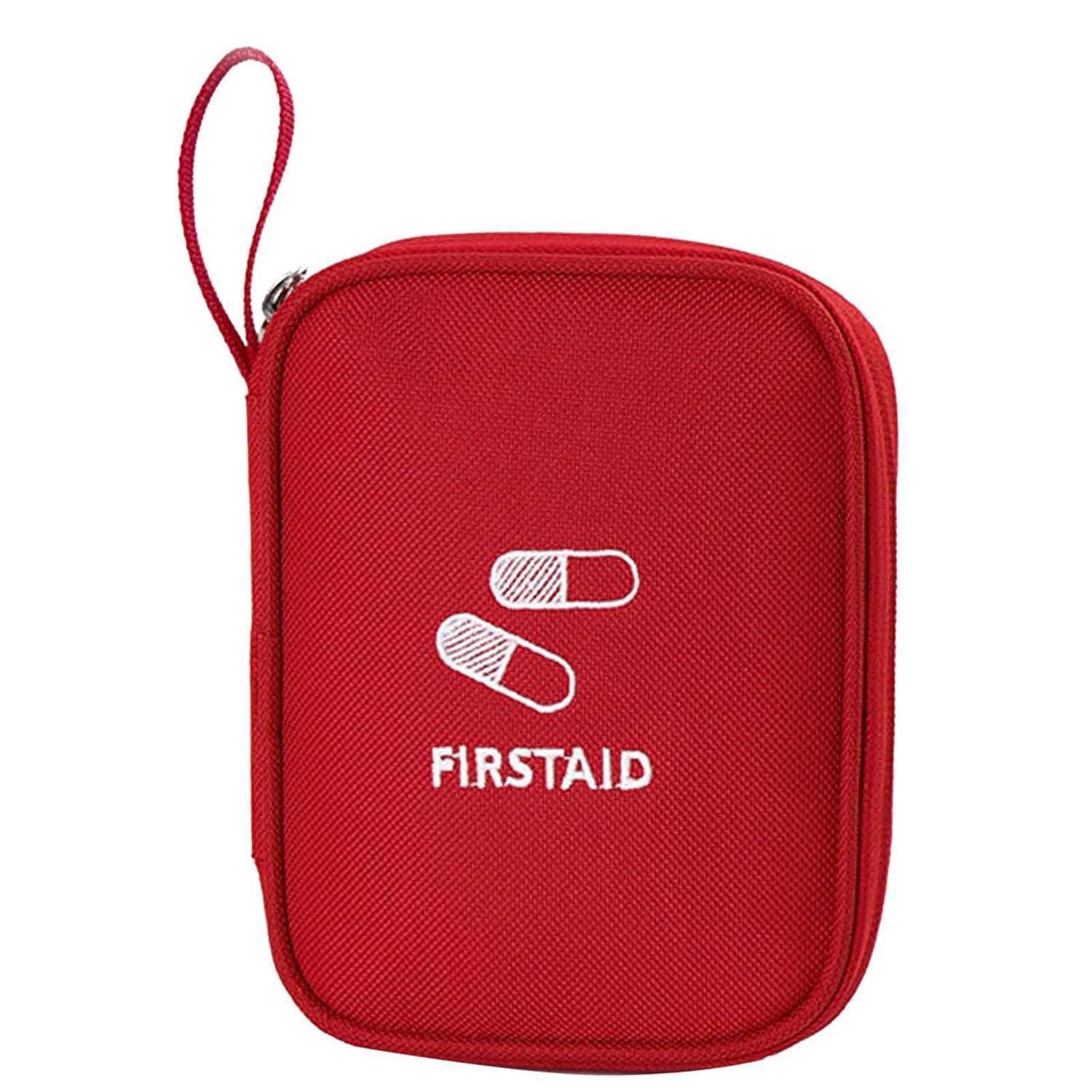 Rote Erste-Hilfe-Tasche mit Reißverschluss, einer Schlaufe zum Umhängen am Handgelenk und einem weißen Verbandssymbol mit der Aufschrift „FIRSTAID