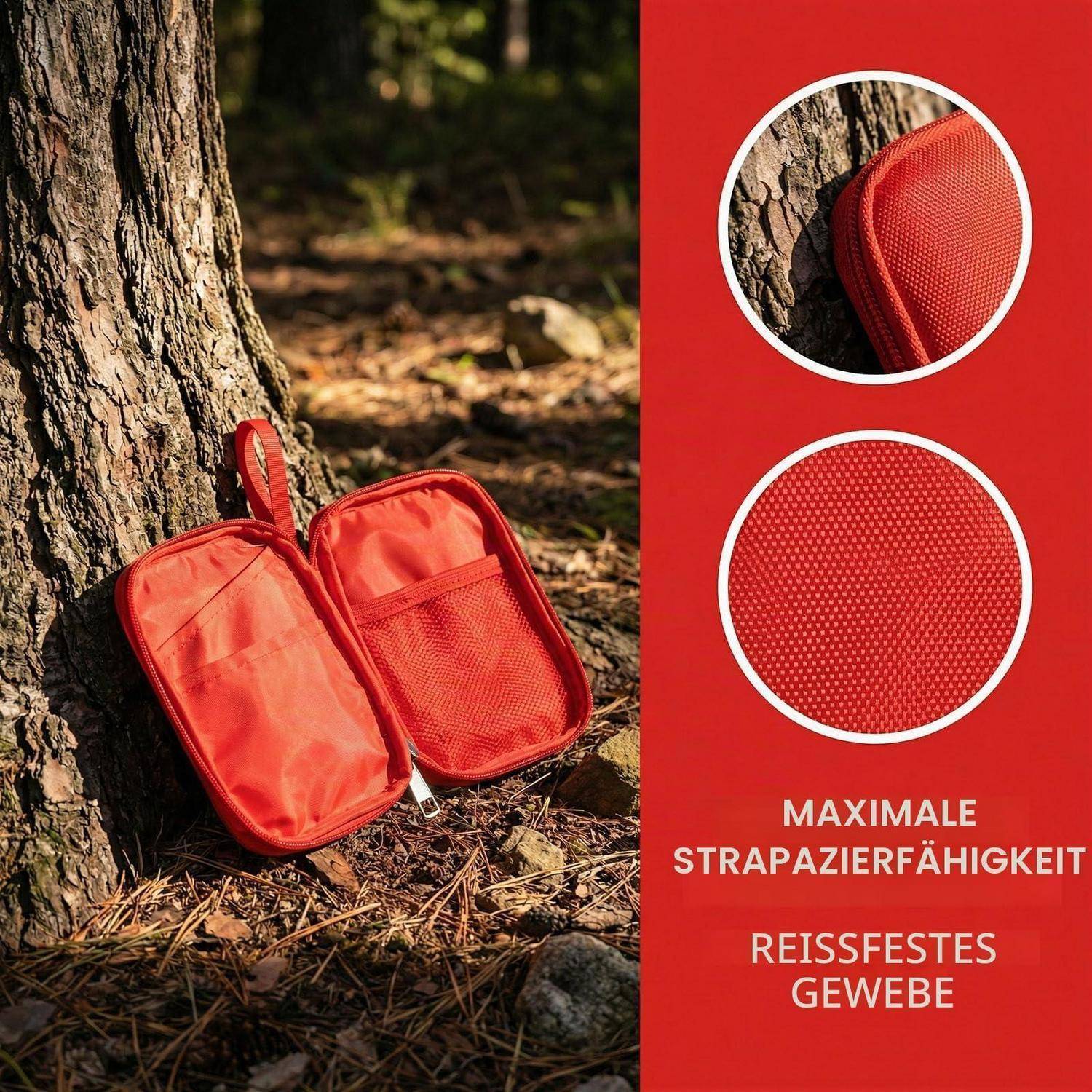 Rote Reiseorganizer-Tasche, die gegen einen Baum lehnt, mit Nahaufnahmen, die ihr strapazierfähiges, reißfestes Gewebe hervorheben, sowie der deutschen Text 'MAXIMALE STRAPAZIERFÄHIGKEIT' und 'REISSFESTES GEWEBE'.