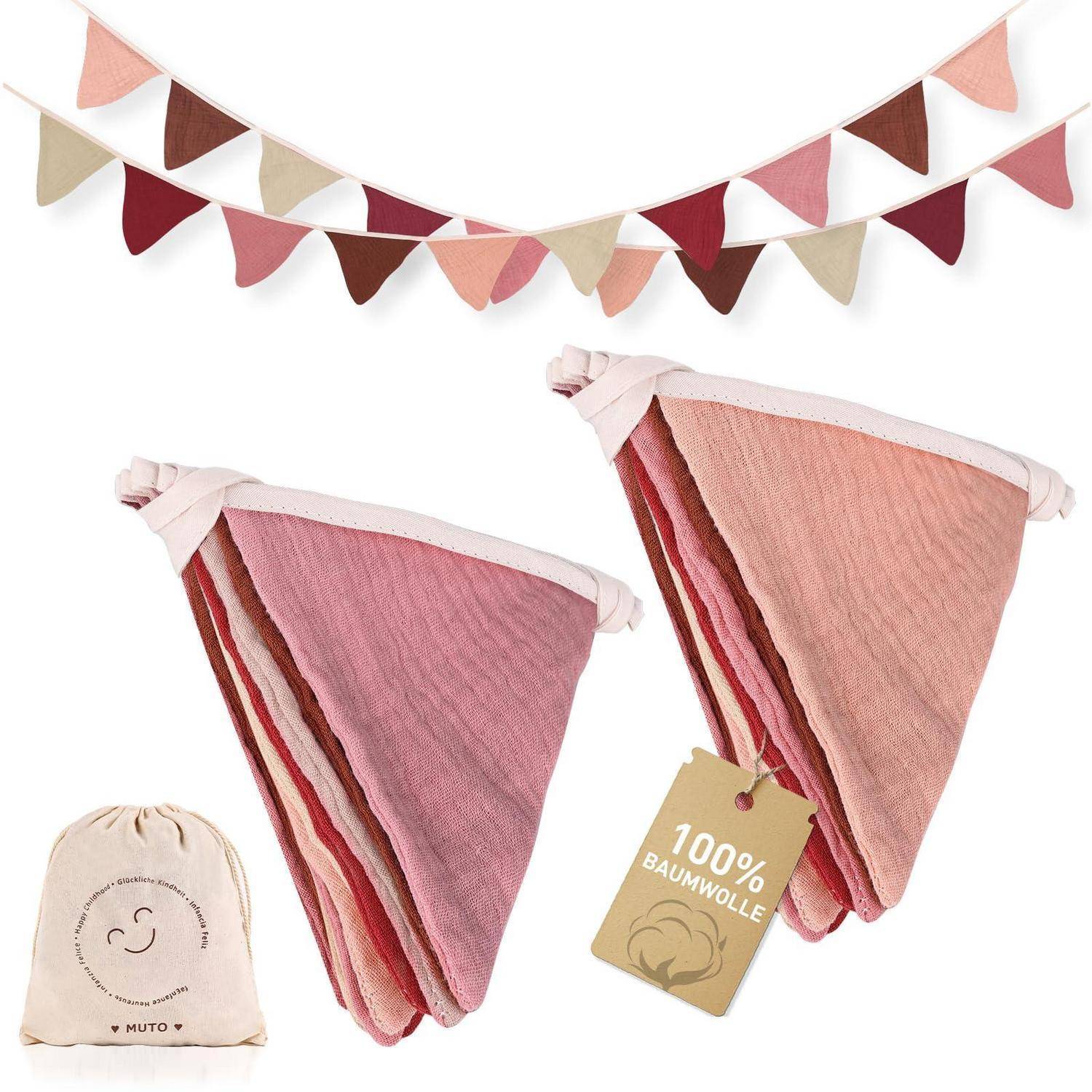 Zwei rosa Stoffgirlanden-Flaggen und ein kleines Beutel mit Zugband zur Wand- oder Partydekoration, mit einem „100% Baumwolle