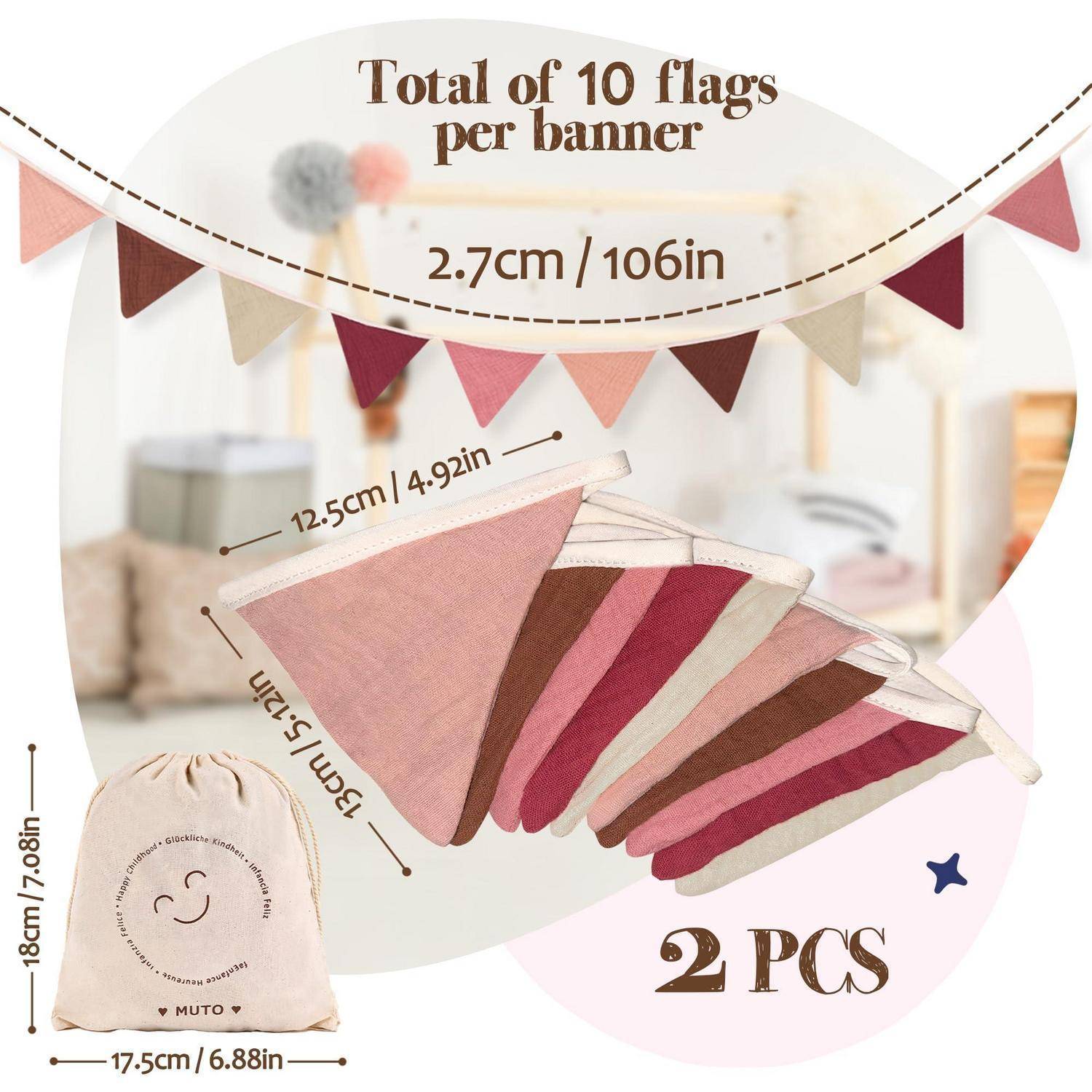 Produktbewerbungsbild von 2 Girlanden-Bannern, jedes mit 10 Dreiecksflaggen; enthält Größenetiketten 2,7 cm, 12,5 cm, 35 cm, 18 cm und „2 STK