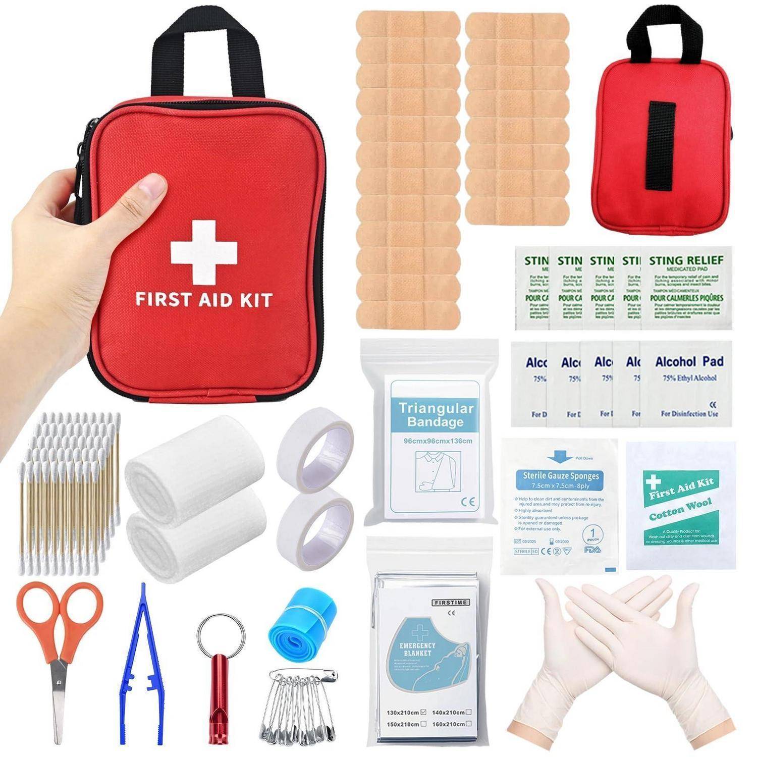 Erste-Hilfe-Set mit rotem Reißverschlussbeutel mit der Aufschrift „FIRST AID KIT