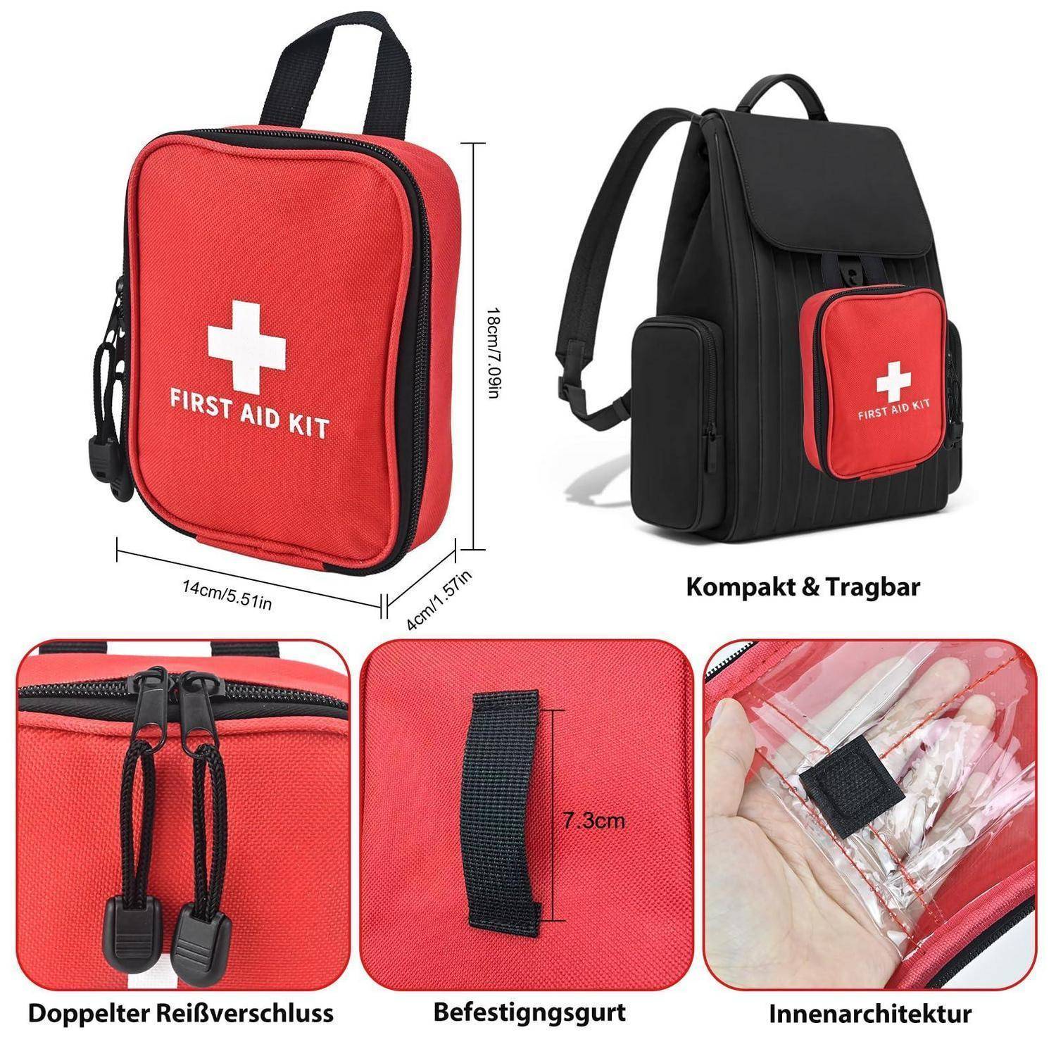 Produktbild eines roten Erste-Hilfe-Rucksacks mit Größenangabe, kompaktem Tragedesign, doppelten Reißverschlüssen, Befestigungsriemen und organisierten inneren Fächern.