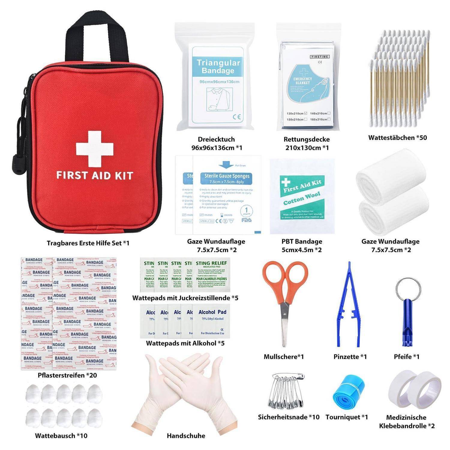 Erste-Hilfe-Tasche mit Inhalt: Verbandsmaterial, Mullkompressen, Wattestoff, Wattestäbchen, Feuchttücher, Schere, Pinzette, Sicherheitsnadeln, Tourniquet, Klebeband, Handschuhe und Heftpflaster.