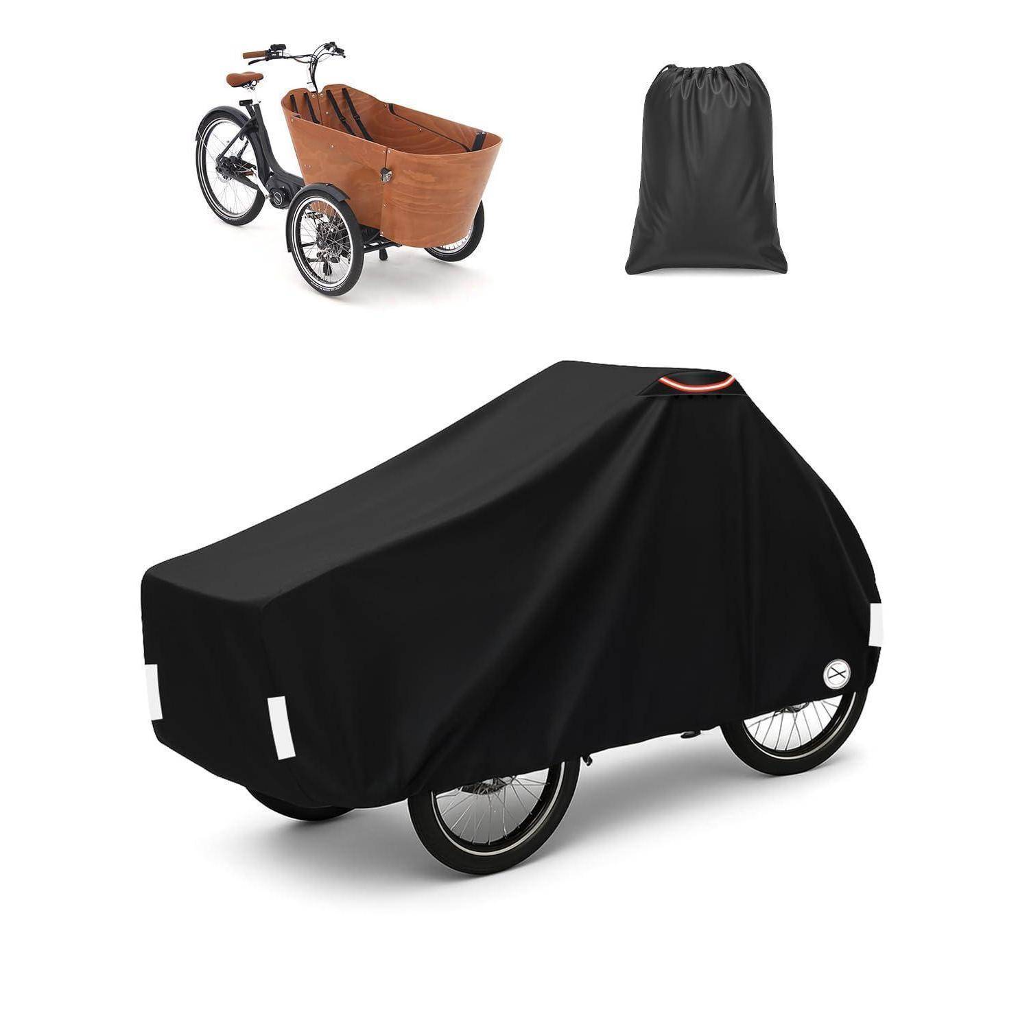 Schwarze Abdeckung, die über ein Lastenfahrrad/Lastendreirad gespannt ist, mit einer passenden Aufbewahrungstasche und einem kleineren Bild des unabgedeckten Fahrzeugs zum Vergleich.