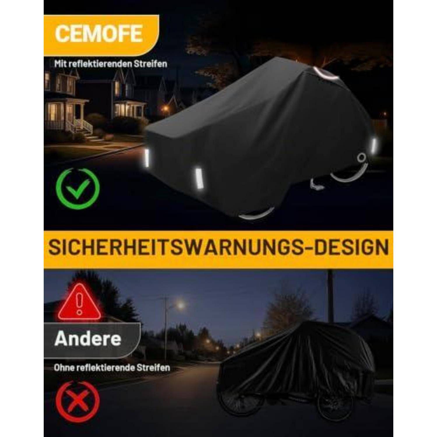 Vergleichsgrafik, die eine CEMOFE-Fahrradddecke mit reflektierenden Streifen als das sicherere 'Sicherheitswarnungs-Design' gegenüber einer nicht reflektierenden 'Andere' Abdeckung bei Nacht zeigt.