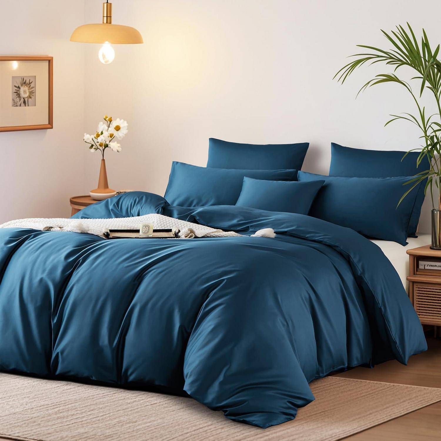 Stilvolles Schlafzimmer mit einem ordentlich gemachten Bett in dunkelblauen Bettwaren, einer Nachttischlampe, gerahmten Wandbildern, einer Pflanze und einem kleinen Beistelltisch.