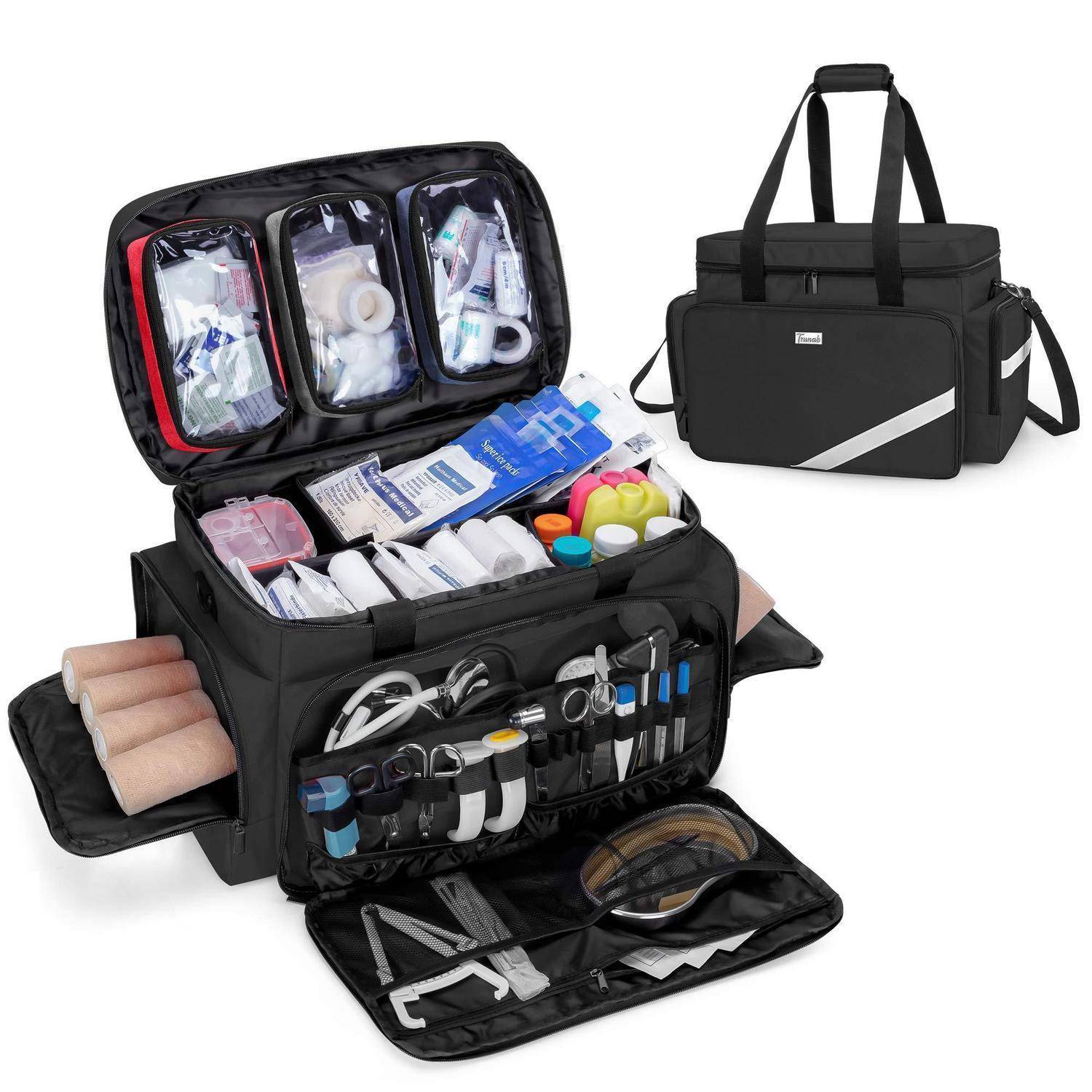 Schwarze medizinische Notfalltasche, offen mit organisierten Erste-Hilfe-Materialien, Medikamententaschen, Verbandsmaterialien, Werkzeugen und einer passenden Tragetasche daneben.