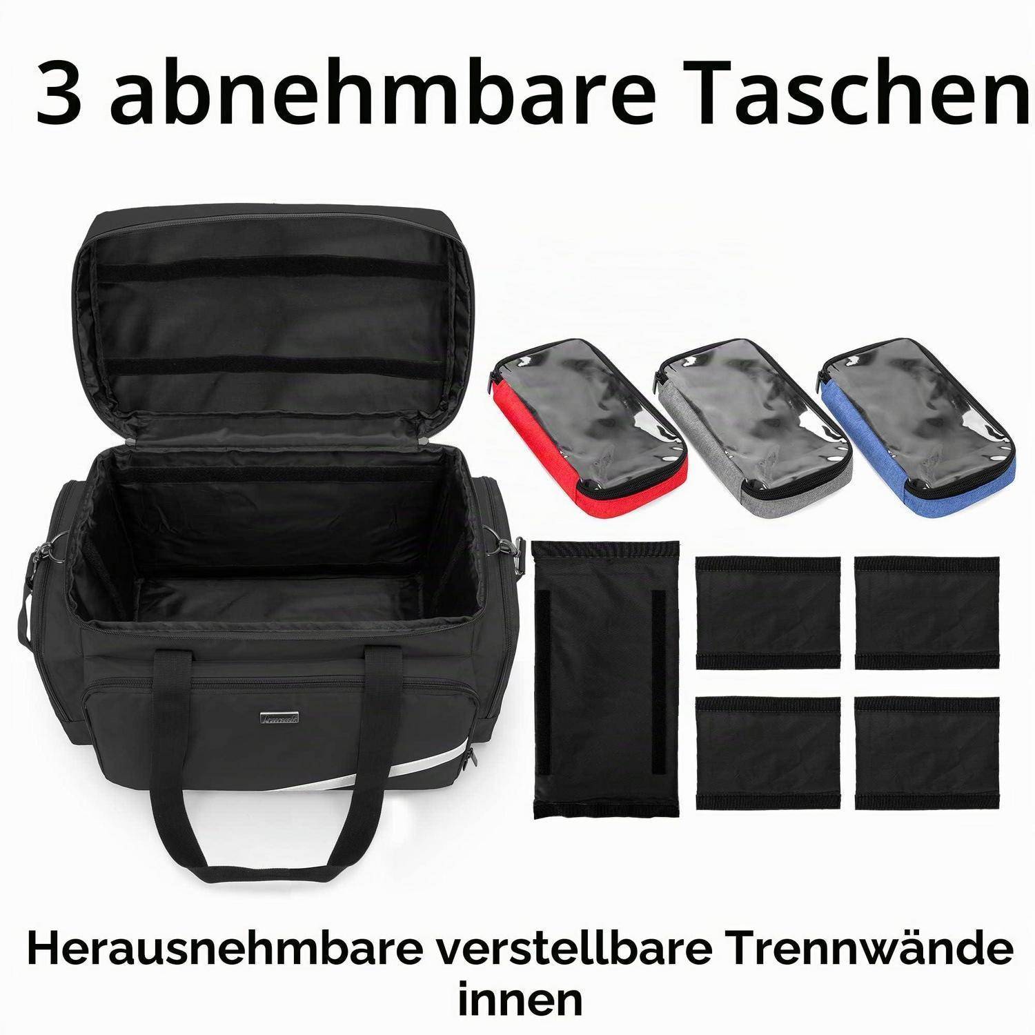 Schwarze Reisetasche mit offenem Hauptfach und drei abnehmbaren inneren Taschen; deutscher Text besagt „3 abnehmbare Taschen" und „Herausnehmbare verstellbare Trennwände innen"".