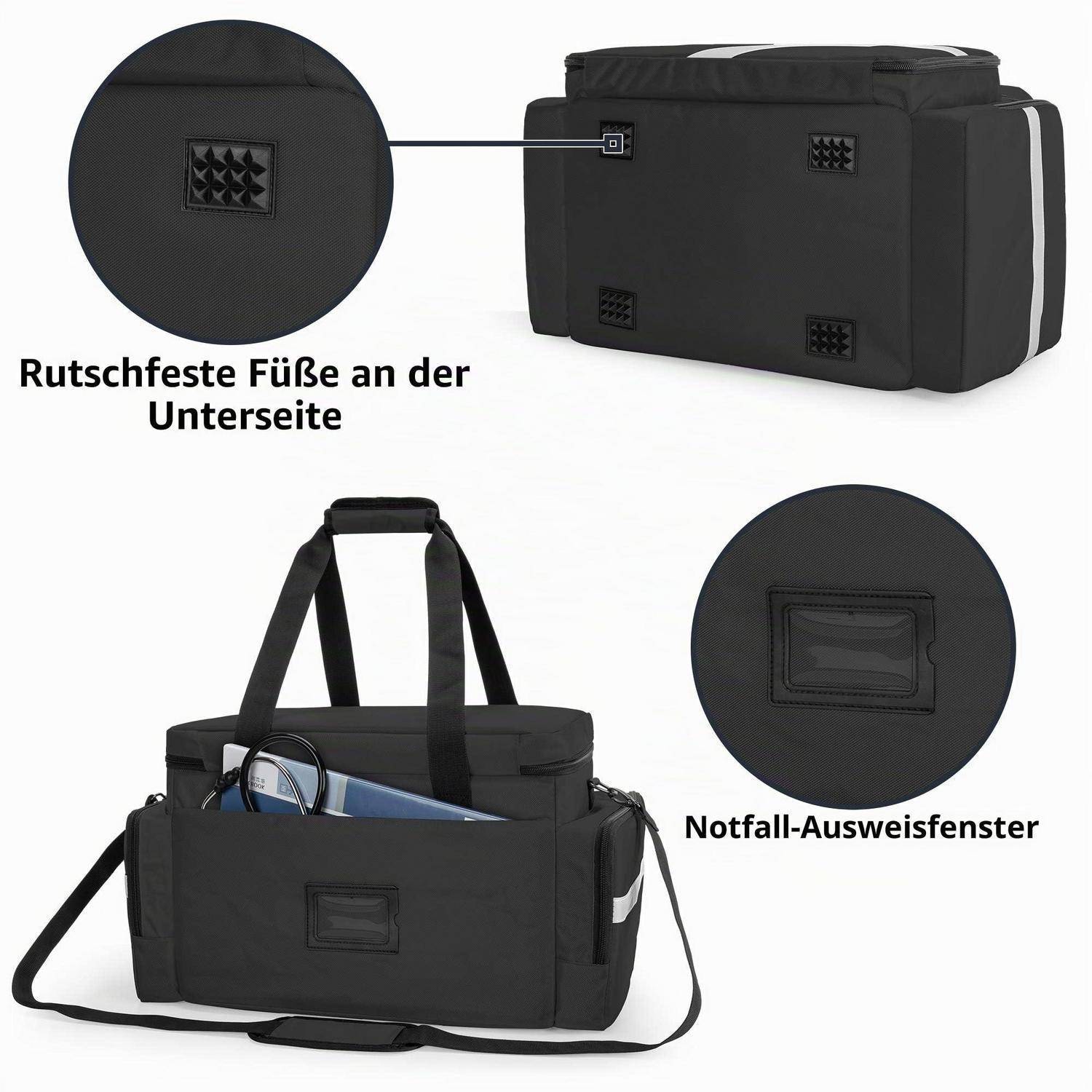 Schwarze medizinische Tragetasche mit rutschfesten Füßen an der Unterseite und einem transparenten Notfall-ID-Fenster an der Seite.